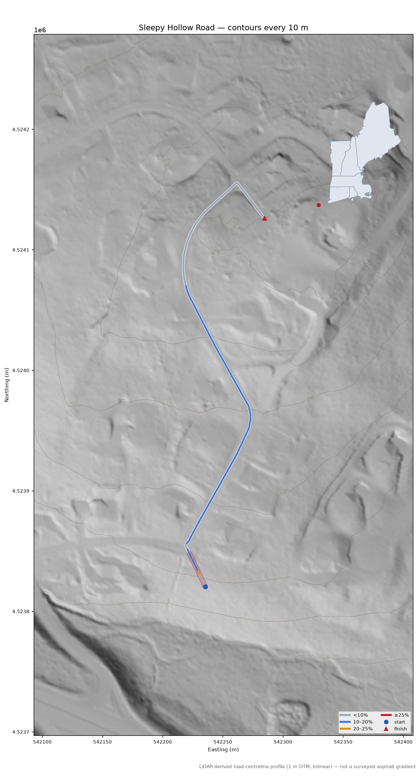 Sleepy Hollow Road LiDAR hillshade map with contours