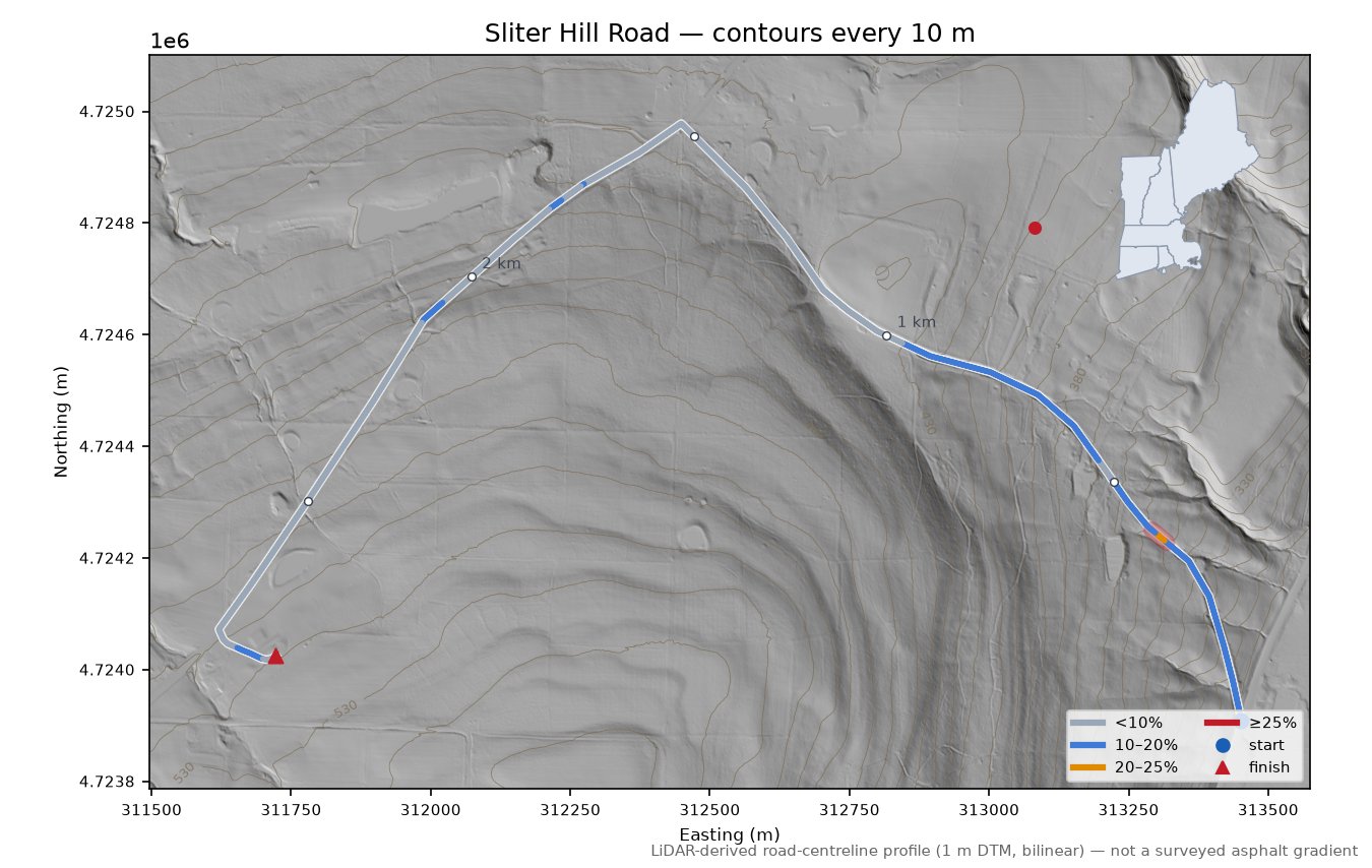 Sliter Hill Road LiDAR hillshade map with contours