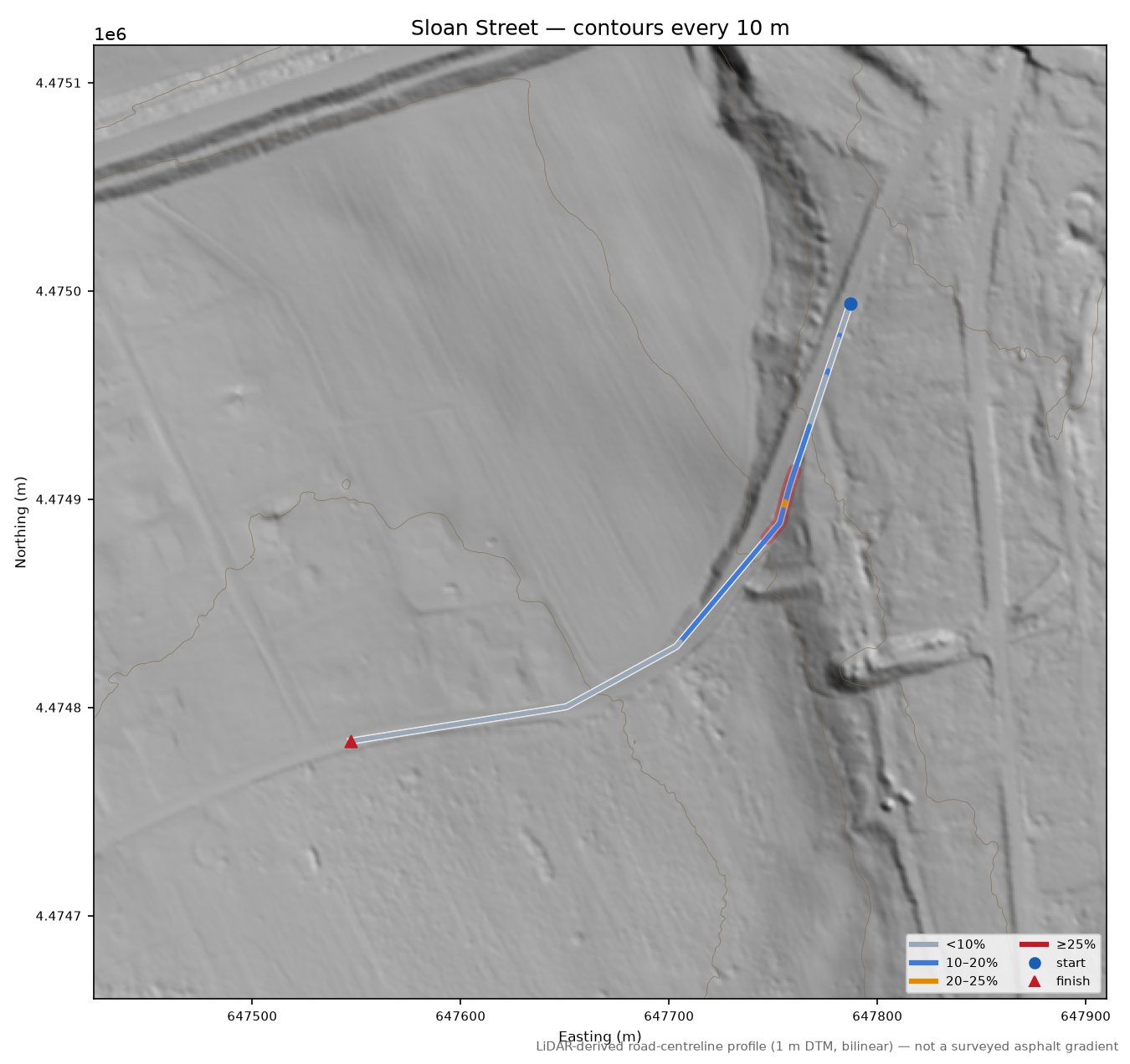 Sloan Street LiDAR hillshade map with contours