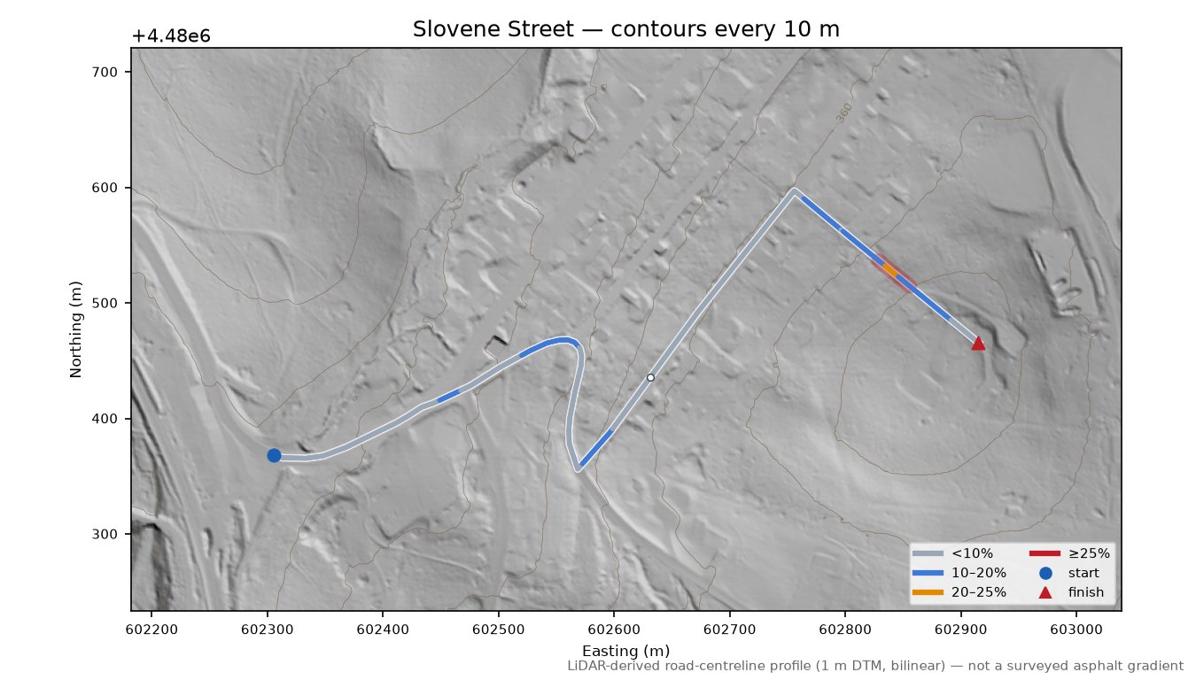 Slovene Street LiDAR hillshade map with contours