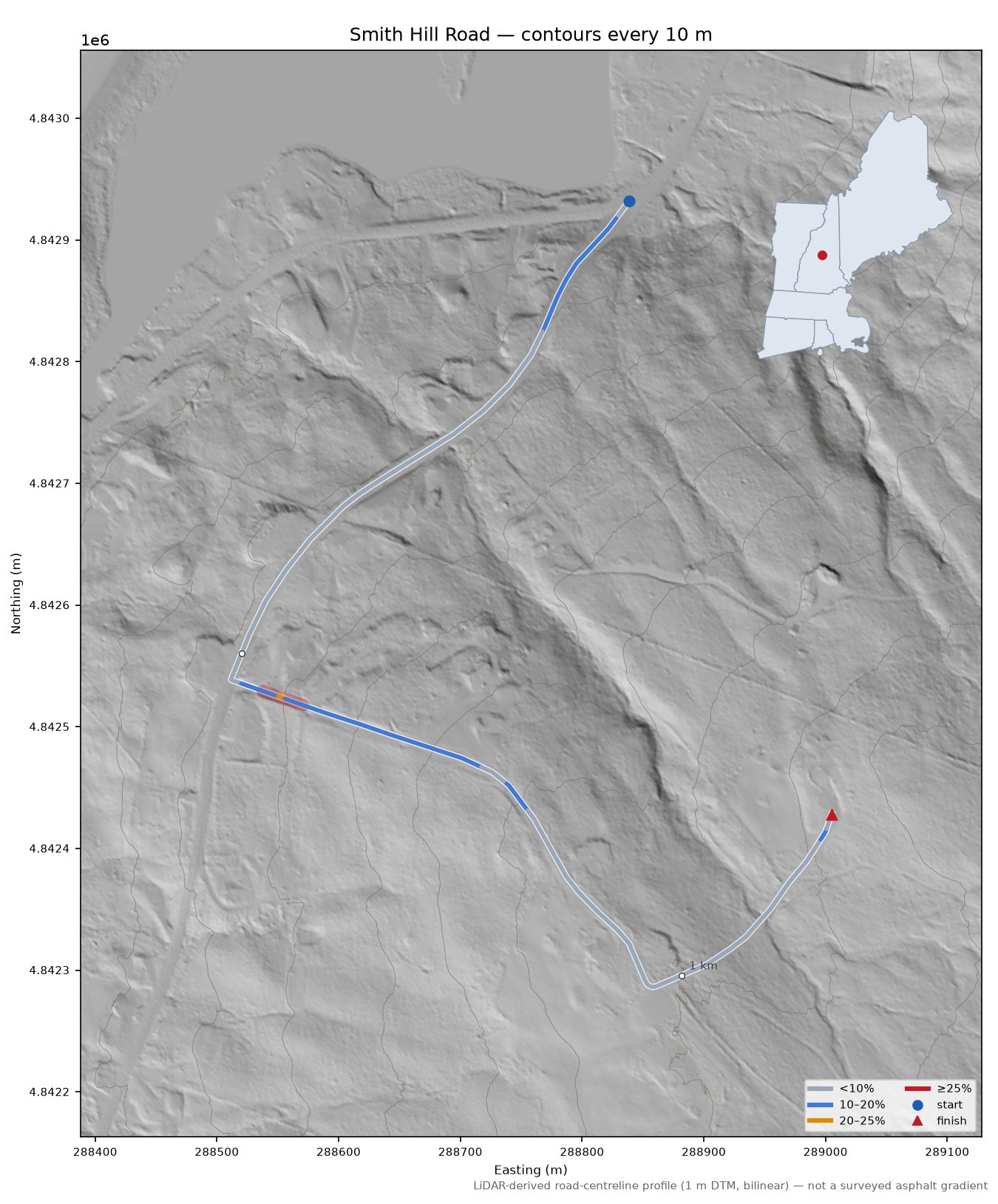 Smith Hill Road LiDAR hillshade map with contours