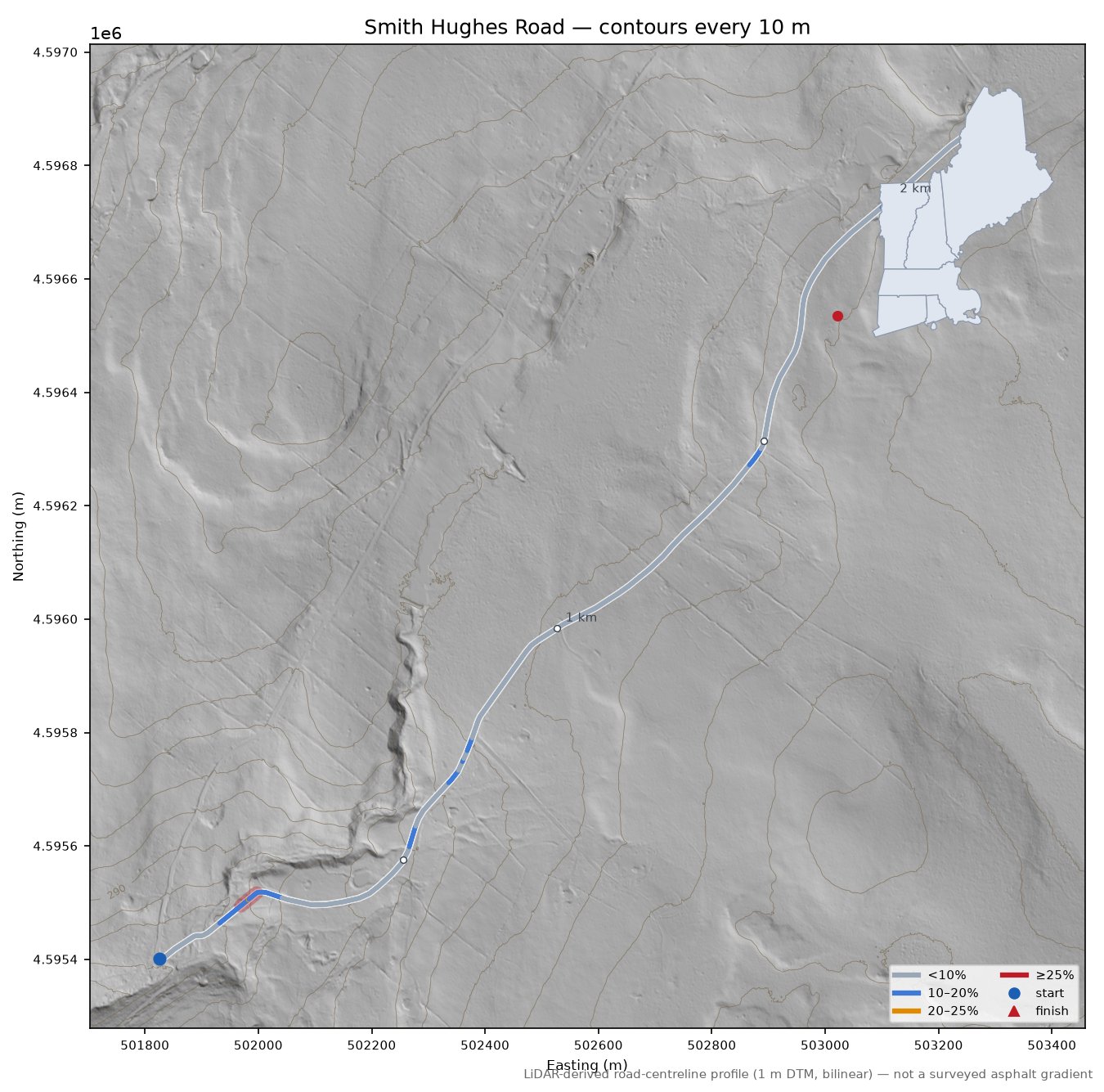 Smith Hughes Road LiDAR hillshade map with contours