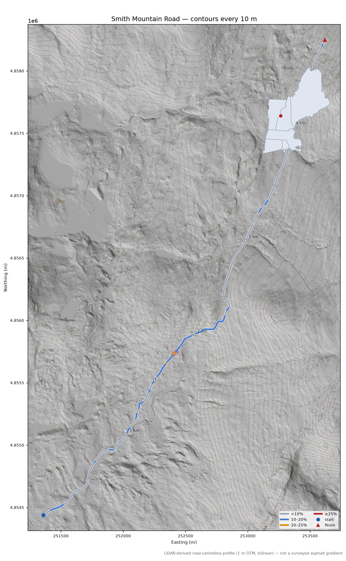 Smith Mountain Road LiDAR hillshade map with contours