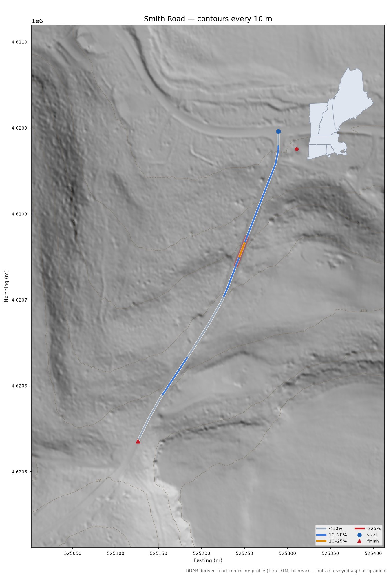 Smith Road LiDAR hillshade map with contours