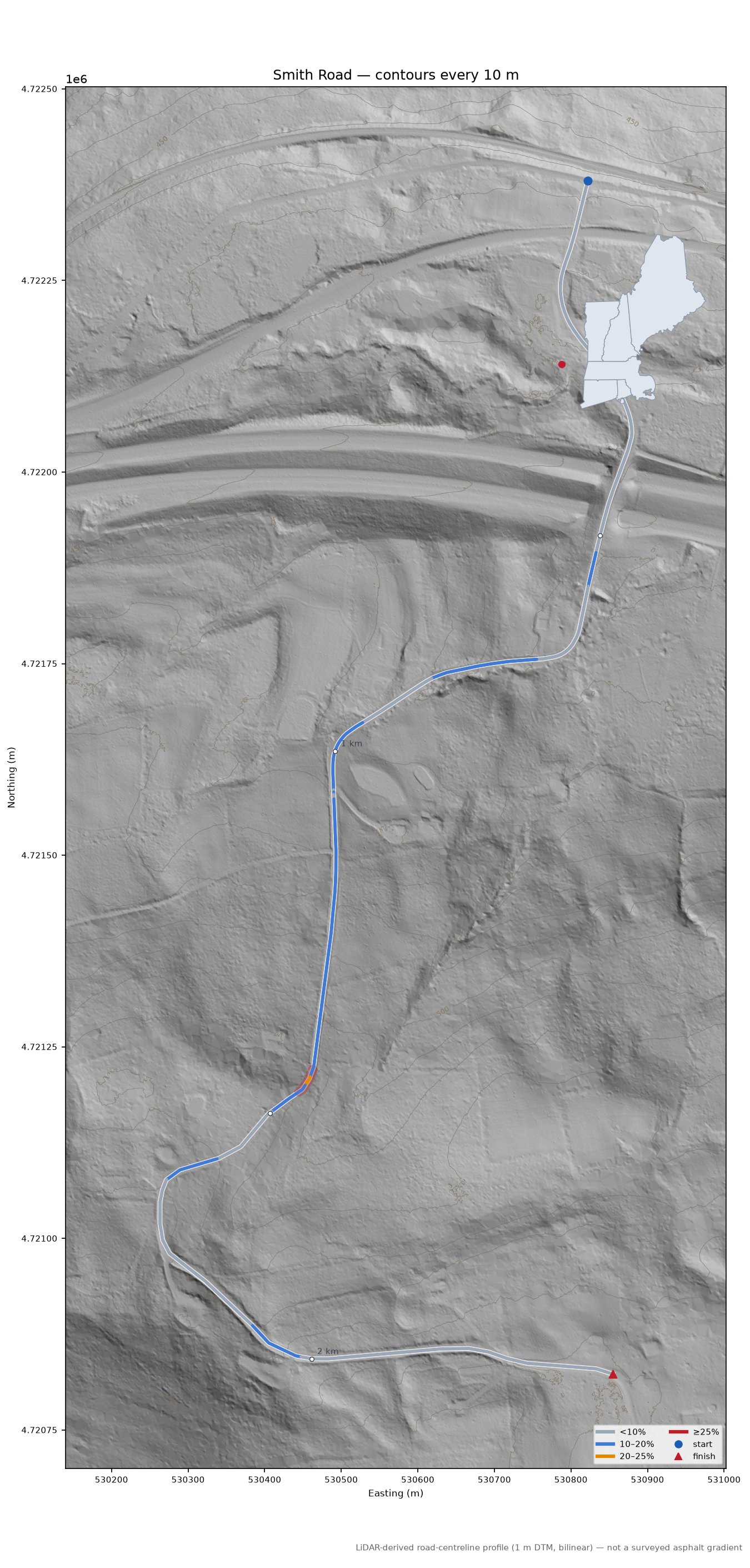Smith Road LiDAR hillshade map with contours