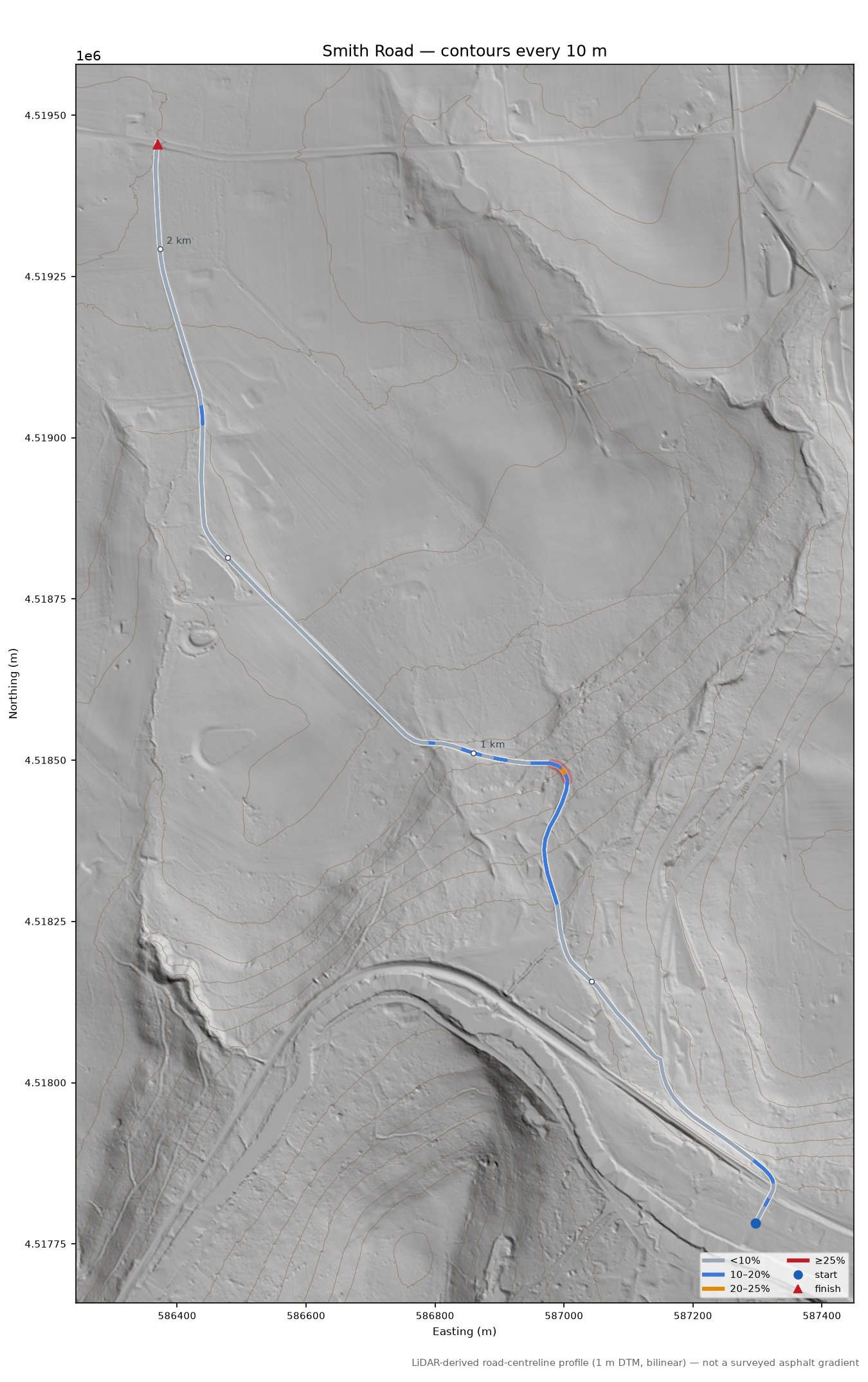 Smith Road LiDAR hillshade map with contours
