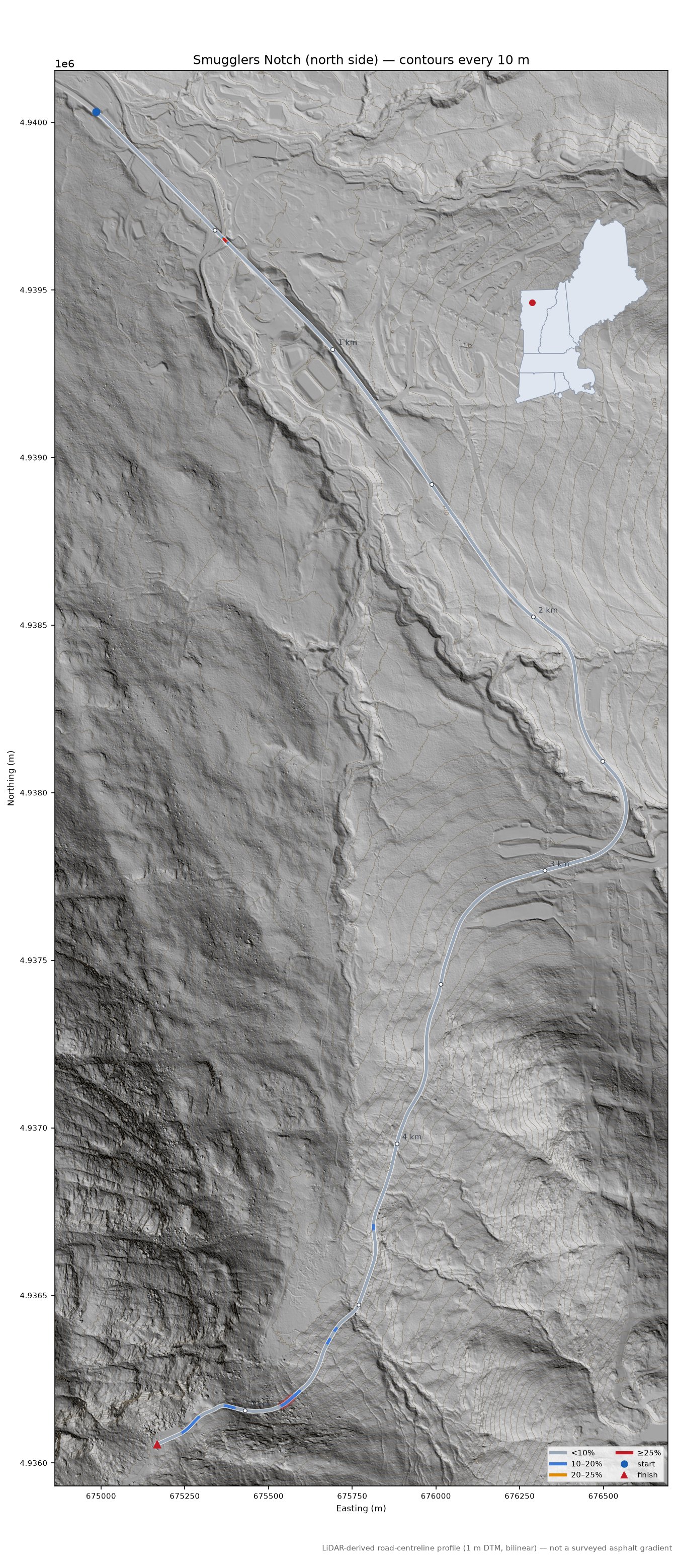 Smugglers Notch (north side) LiDAR hillshade map with contours
