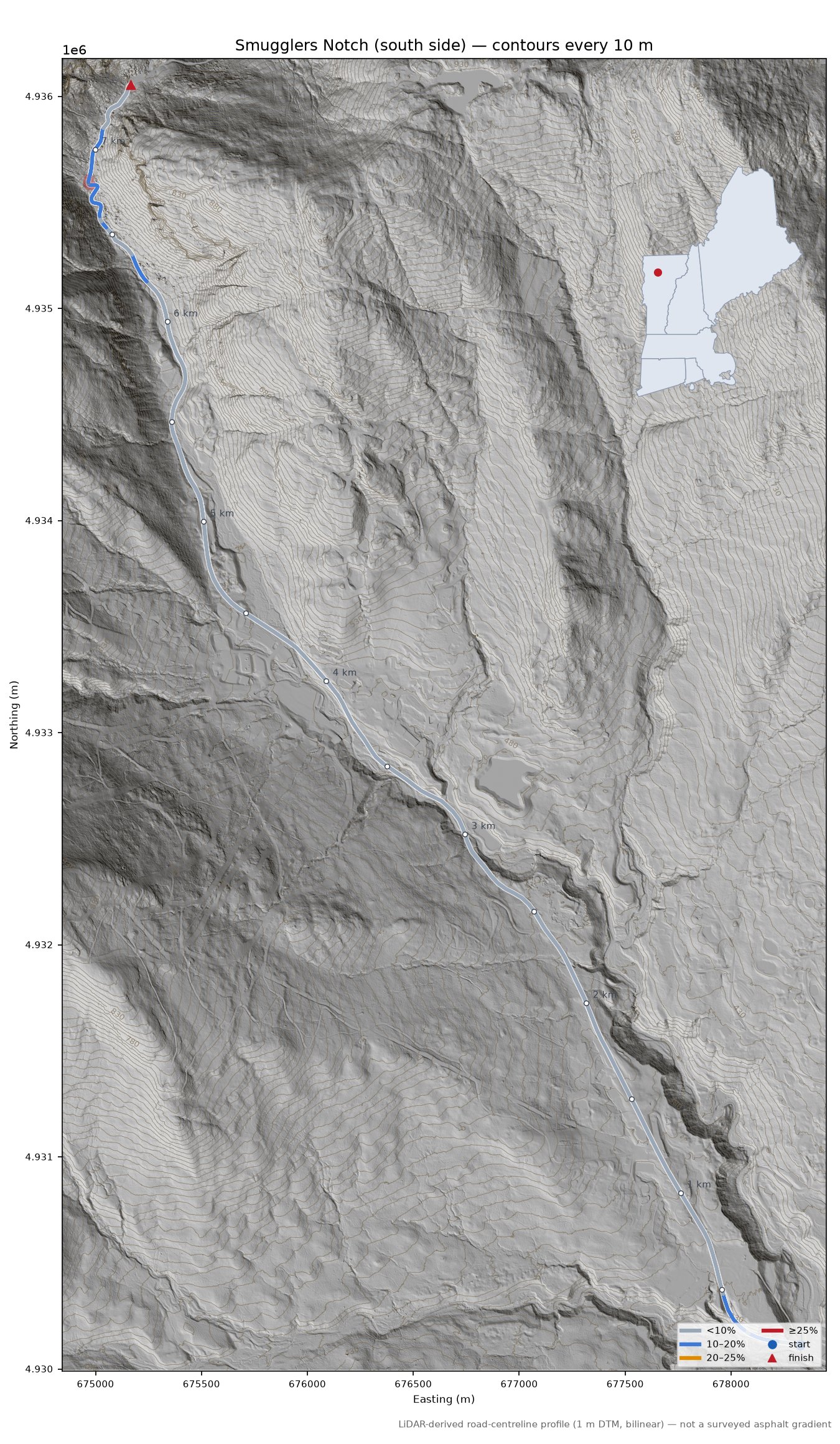 Smugglers Notch (south side) LiDAR hillshade map with contours