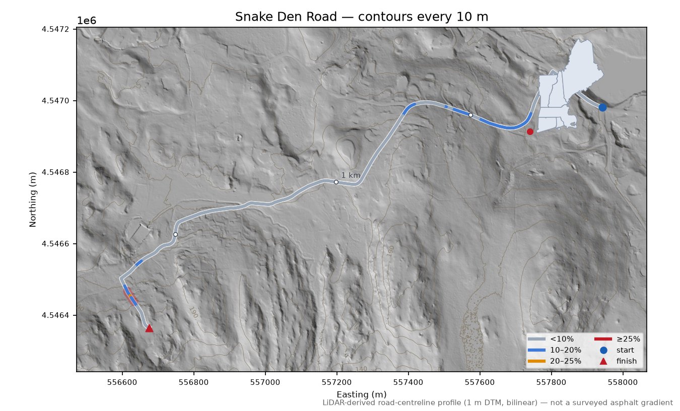 Snake Den Road LiDAR hillshade map with contours