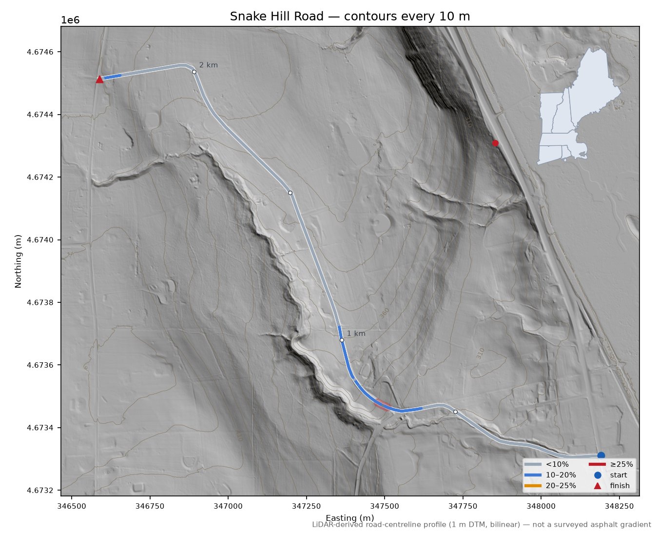 Snake Hill Road LiDAR hillshade map with contours