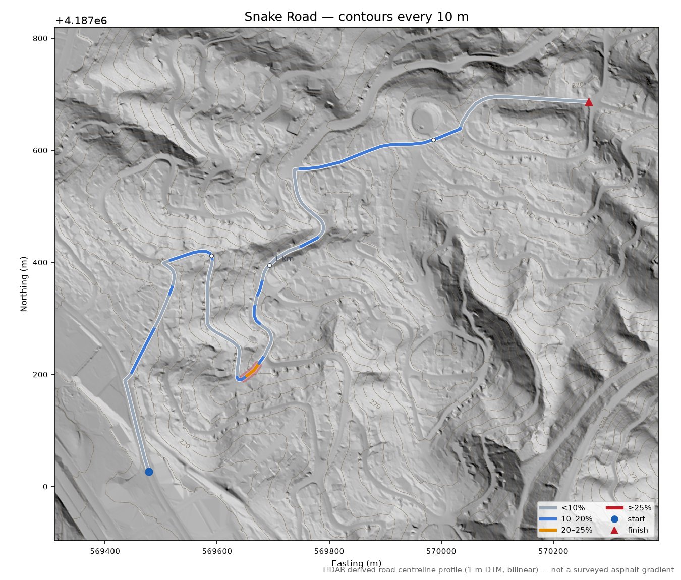 Gaspar Drive LiDAR hillshade map with contours