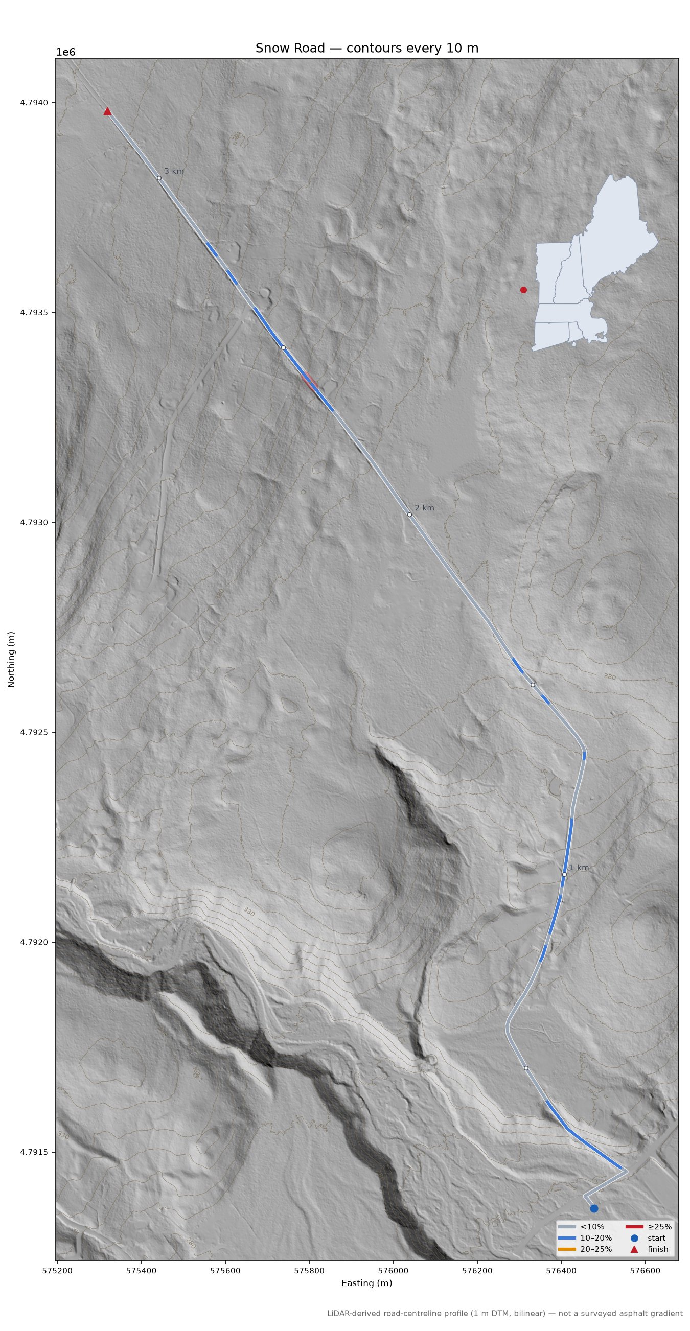 Snow Road LiDAR hillshade map with contours