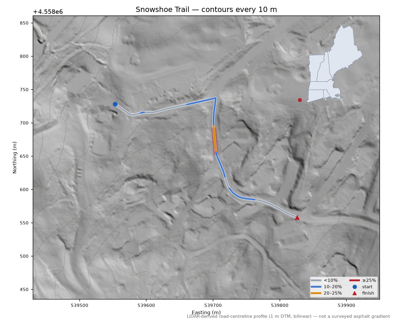 Snowshoe Trail LiDAR hillshade map with contours
