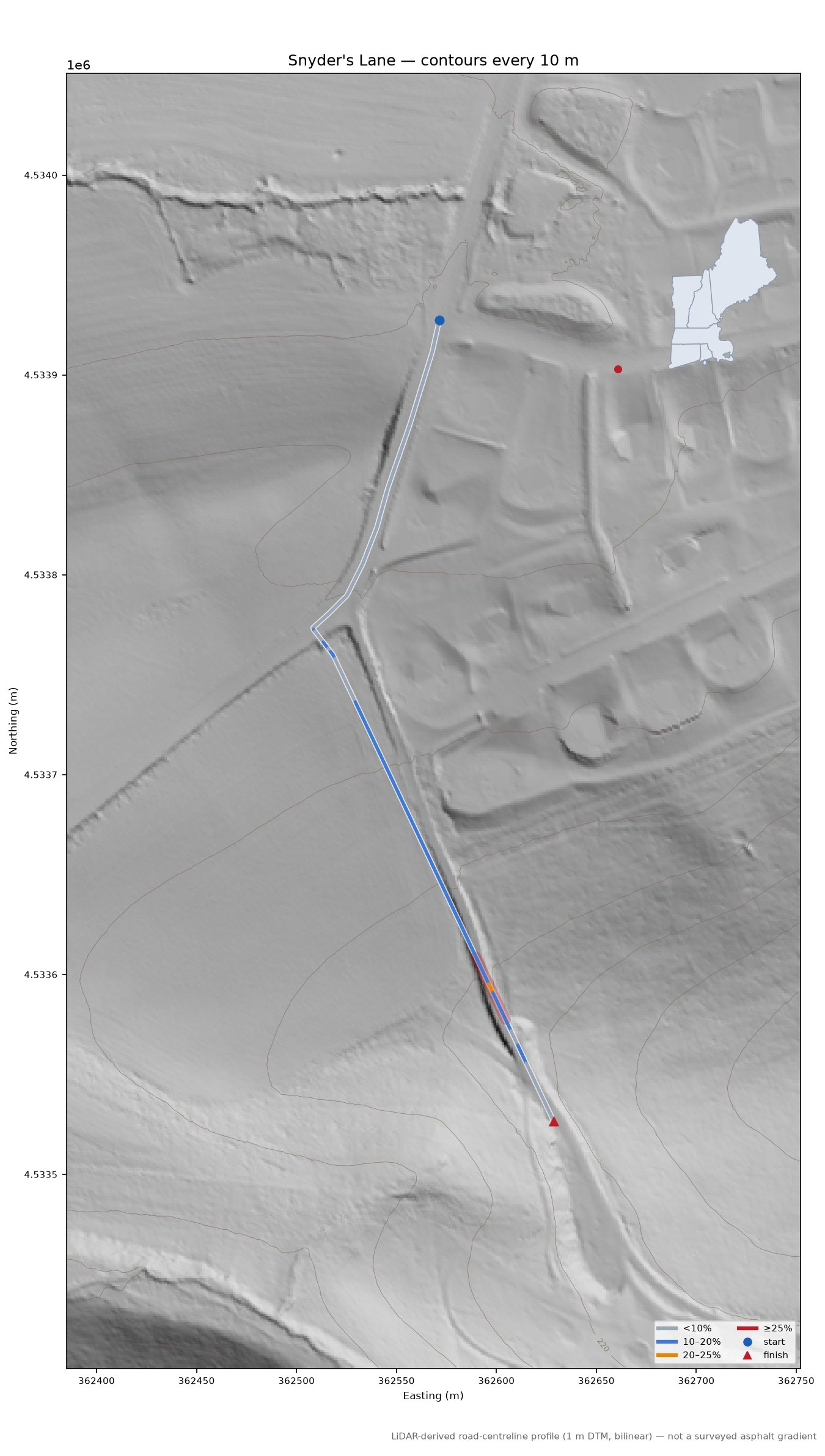 Snyder's Lane LiDAR hillshade map with contours