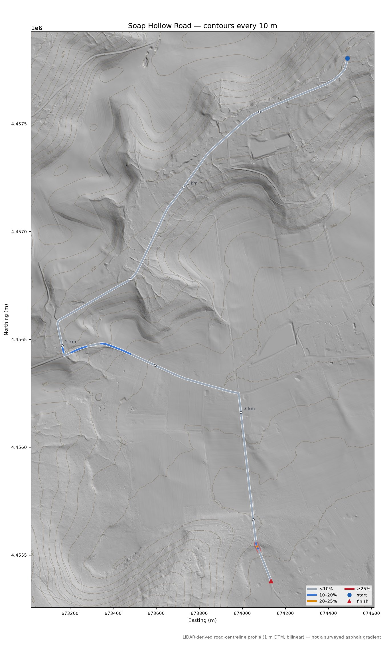 Soap Hollow Road LiDAR hillshade map with contours
