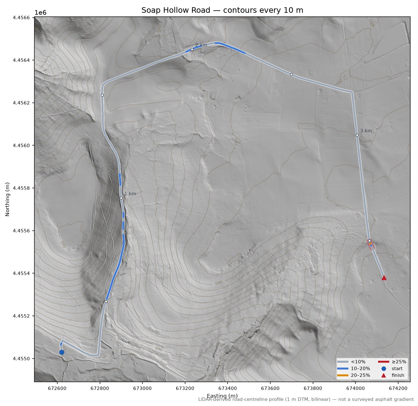 Soap Hollow Road LiDAR hillshade map with contours