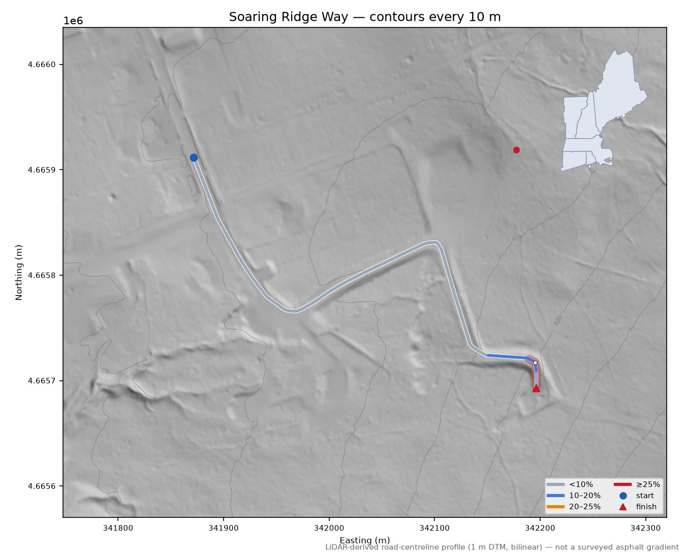 Soaring Ridge Way LiDAR hillshade map with contours