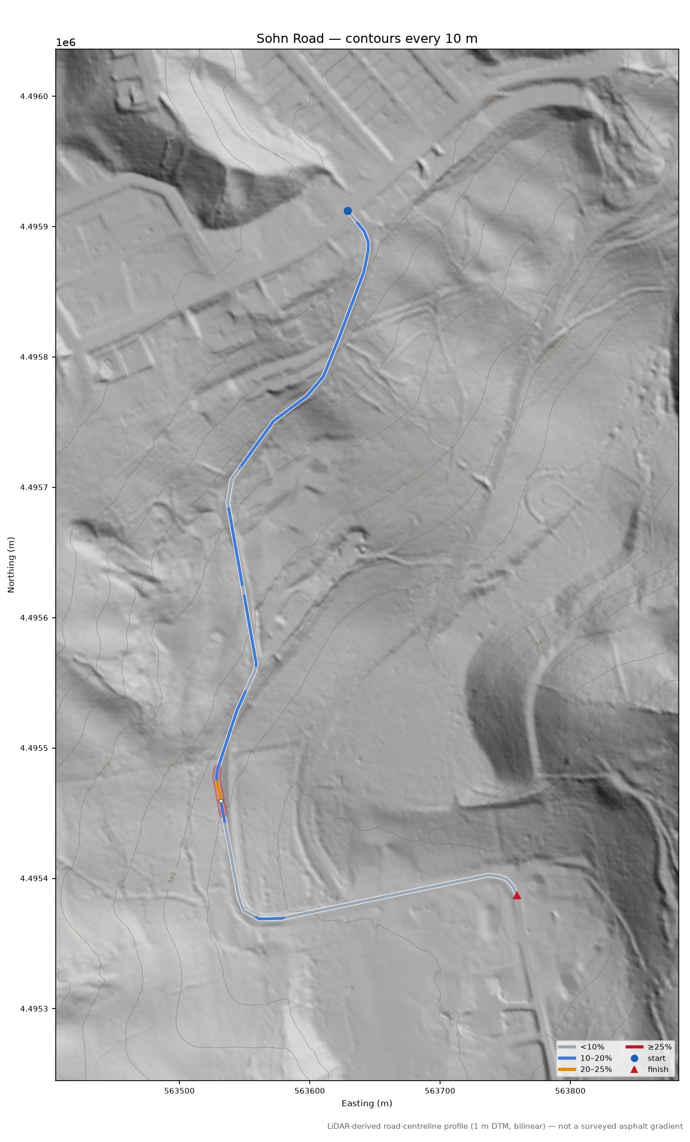 Sohn Road LiDAR hillshade map with contours