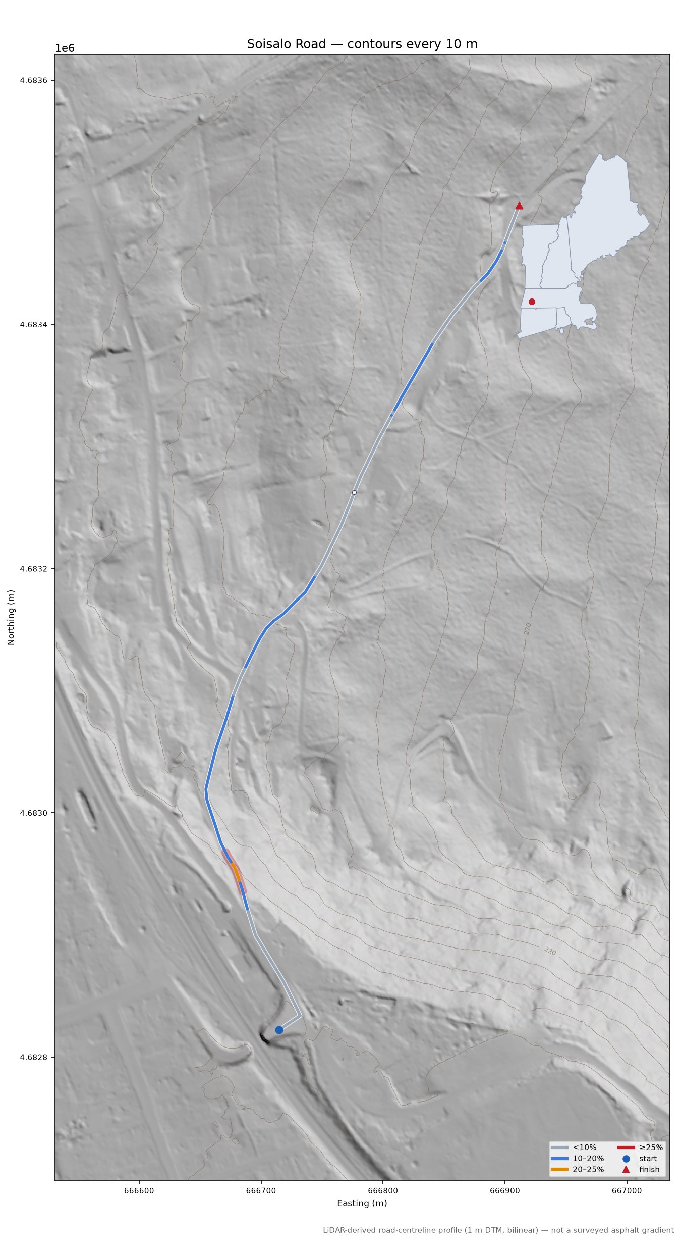 Soisalo Road LiDAR hillshade map with contours