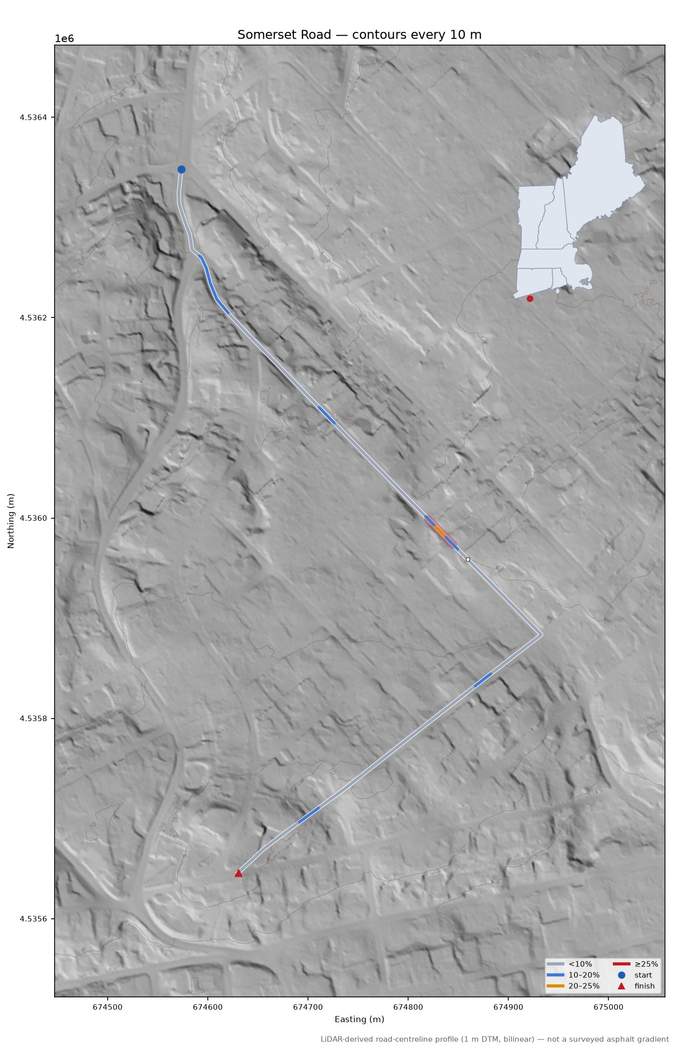 Somerset Road LiDAR hillshade map with contours