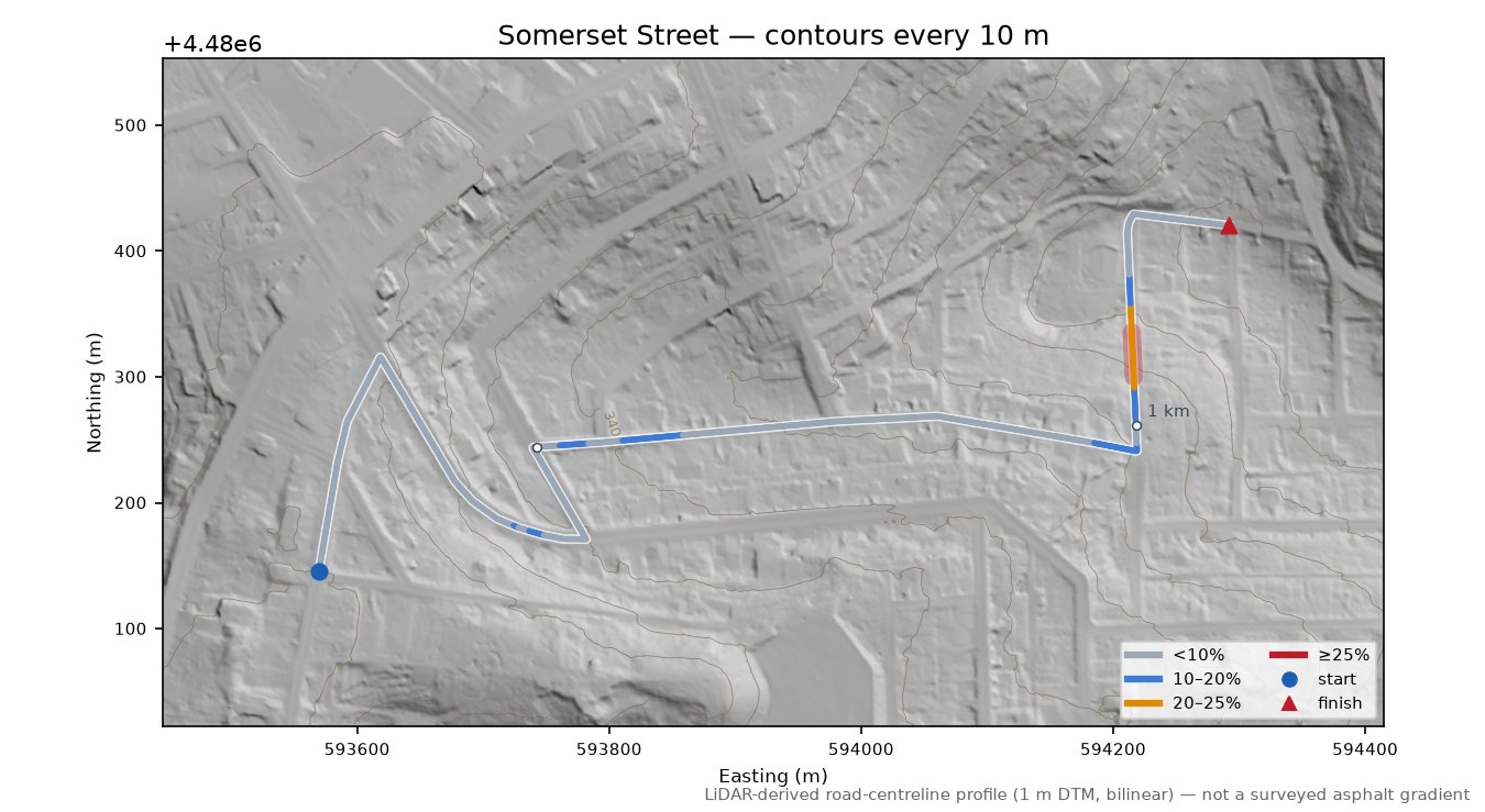 Somerset Street LiDAR hillshade map with contours