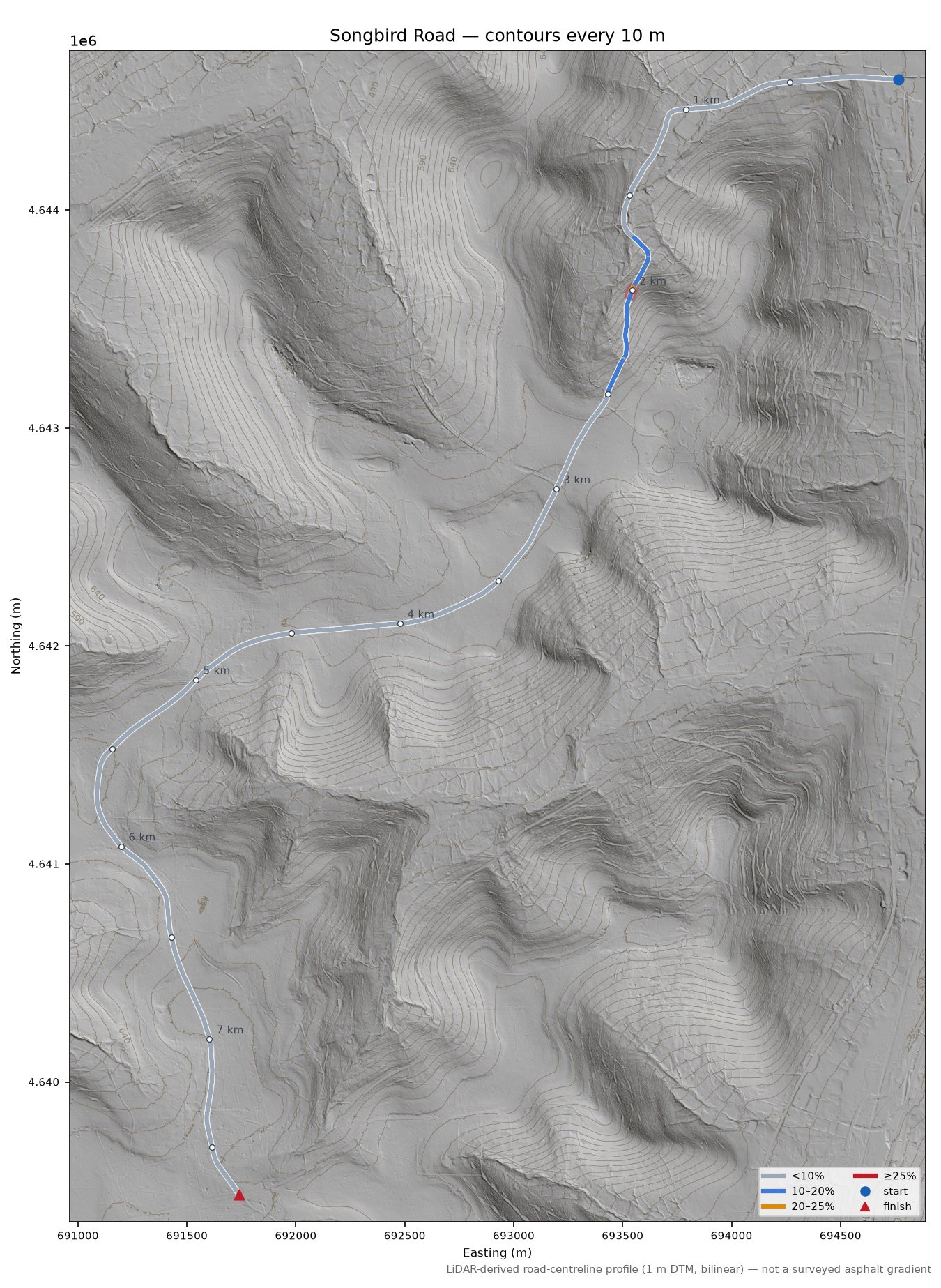 Songbird Road LiDAR hillshade map with contours