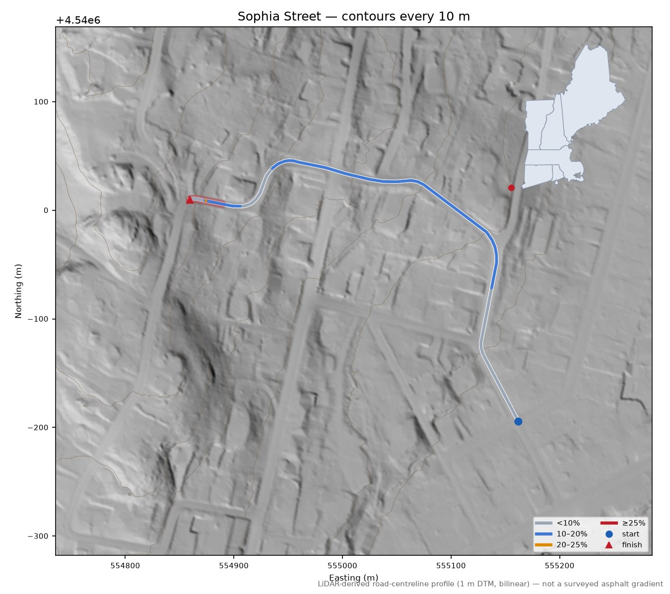 Sophia Street LiDAR hillshade map with contours