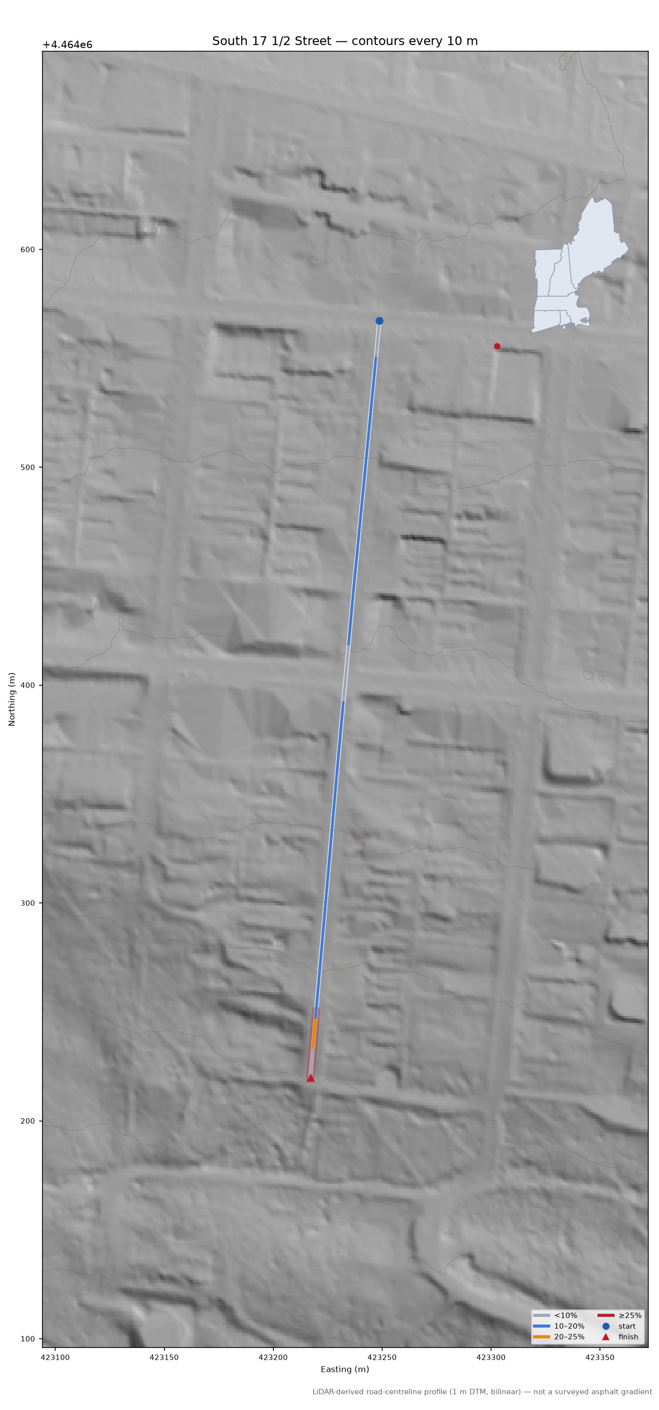 South 17 1/2 Street LiDAR hillshade map with contours