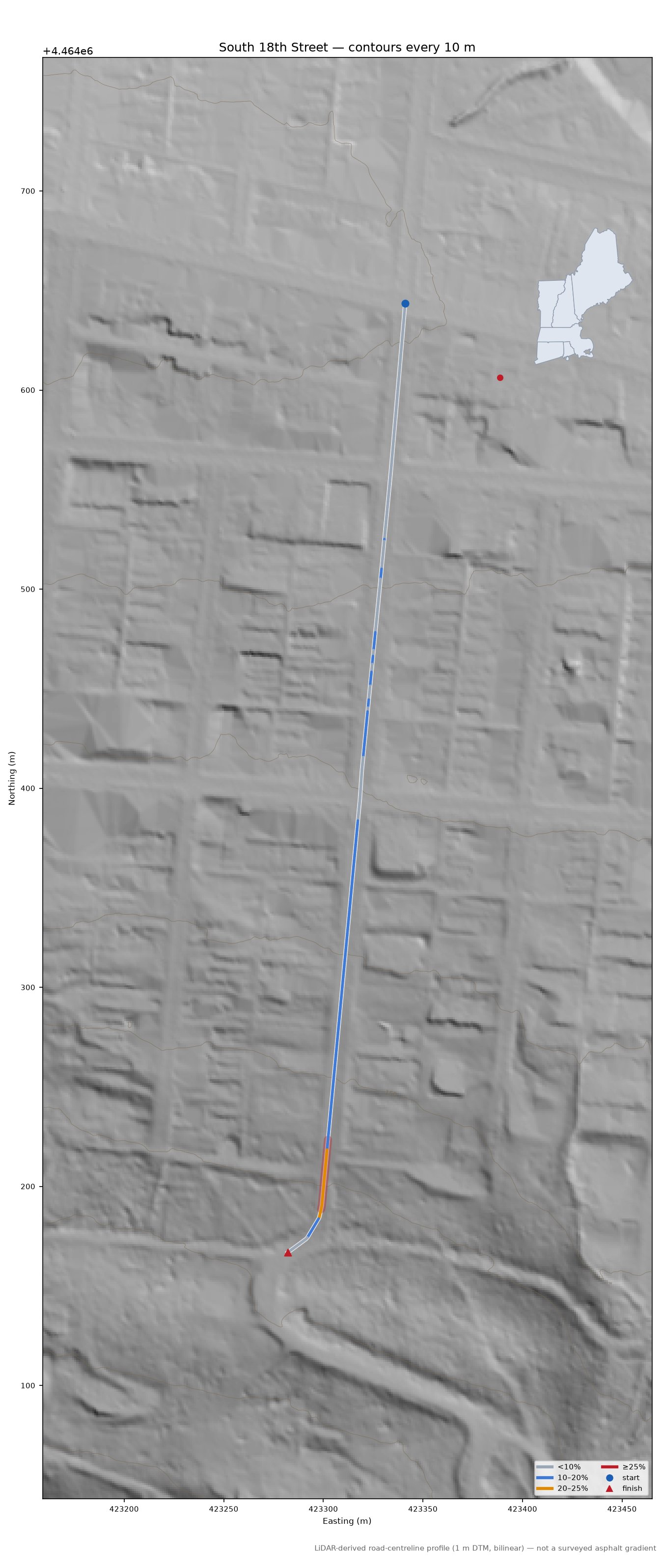 South 18th Street LiDAR hillshade map with contours