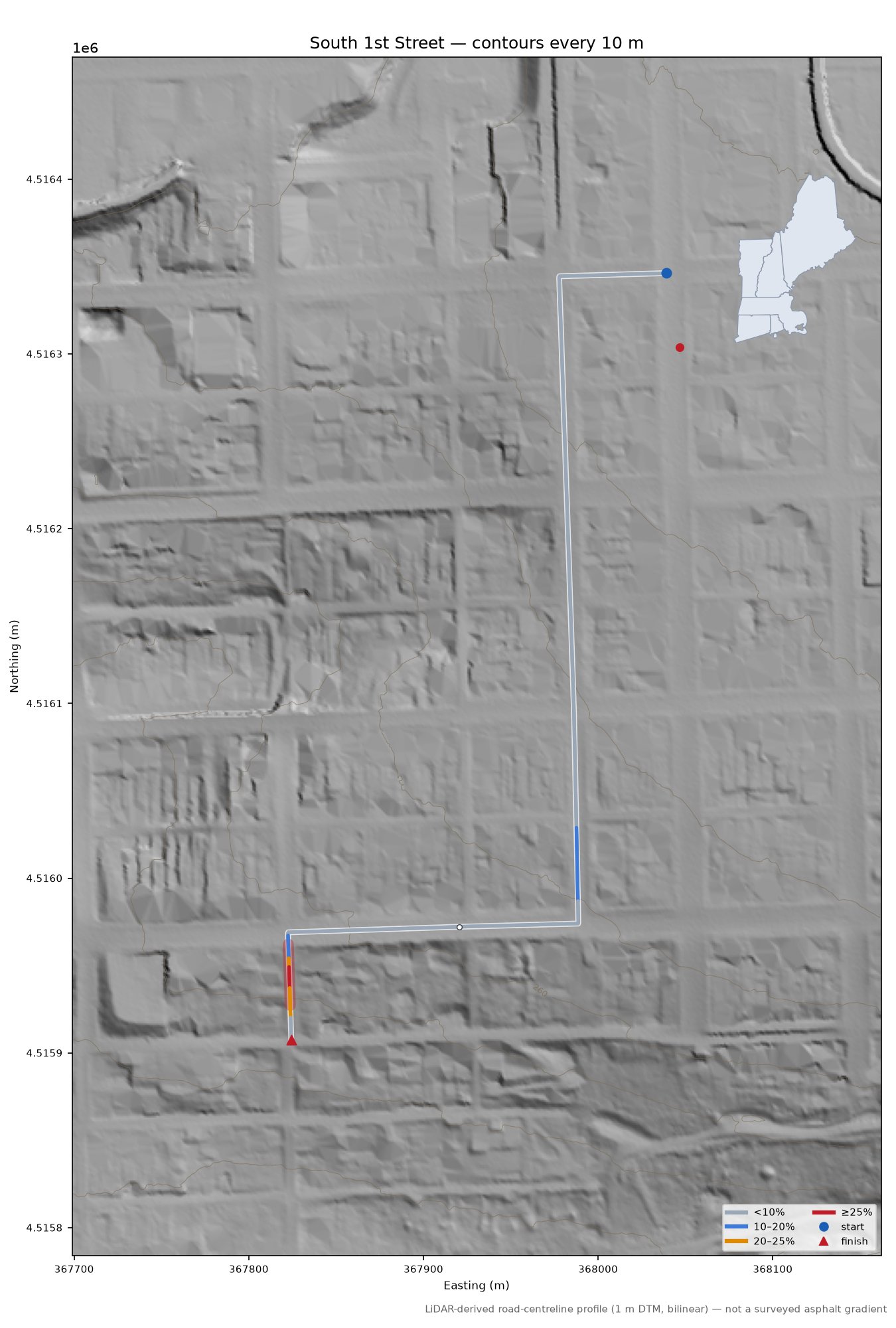South 1st Street LiDAR hillshade map with contours
