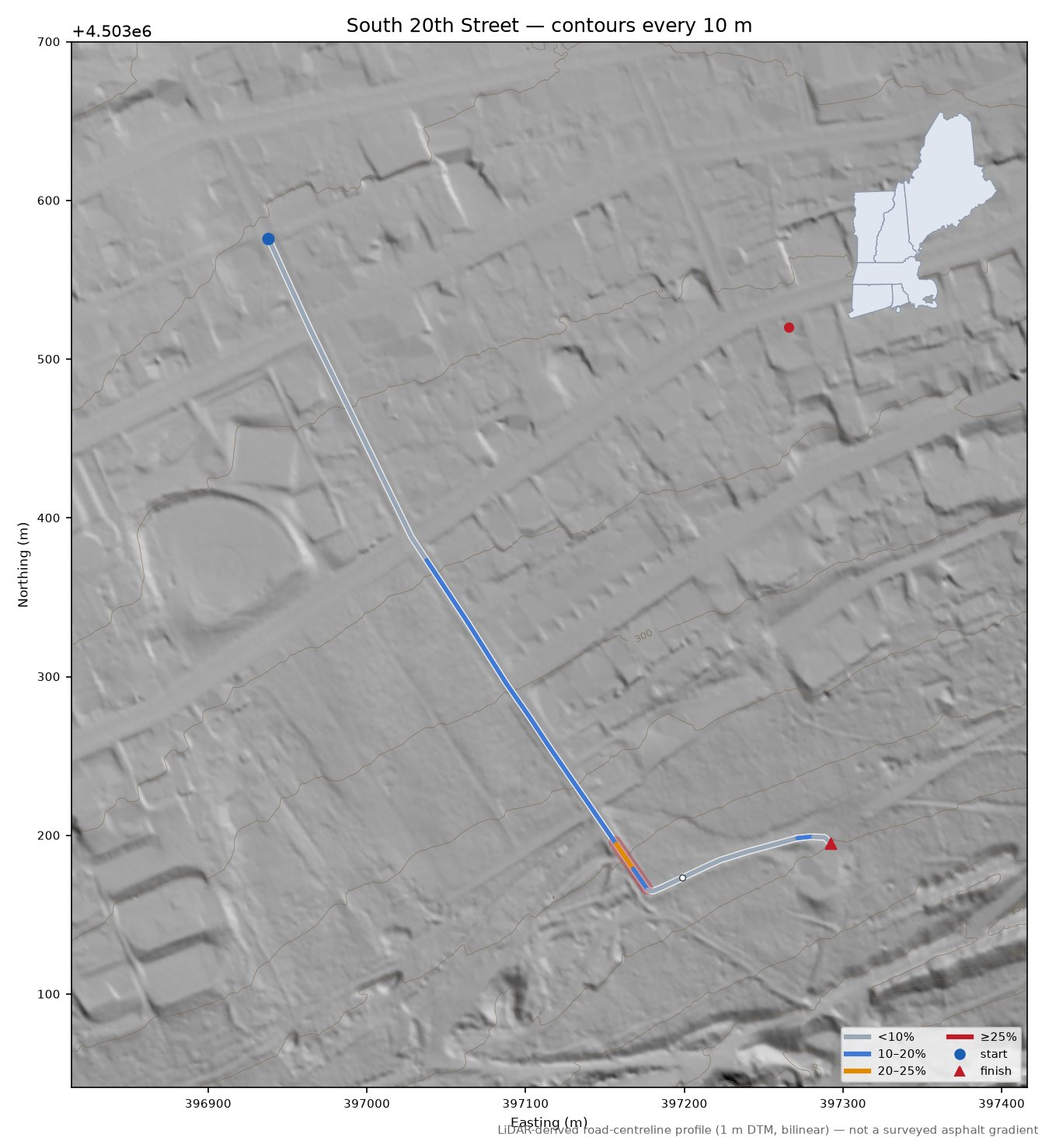 South 20th Street LiDAR hillshade map with contours
