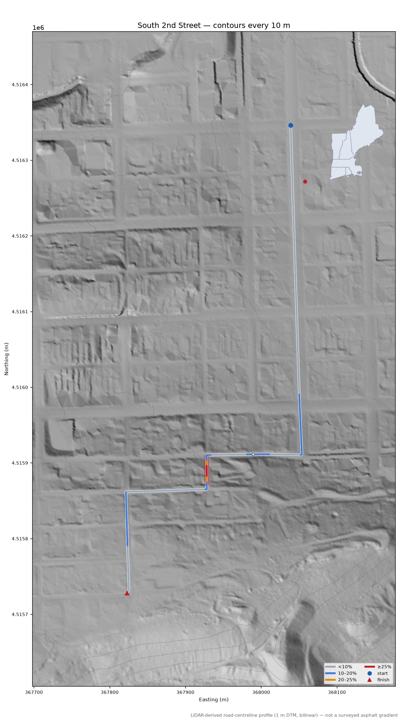 South 2nd Street LiDAR hillshade map with contours