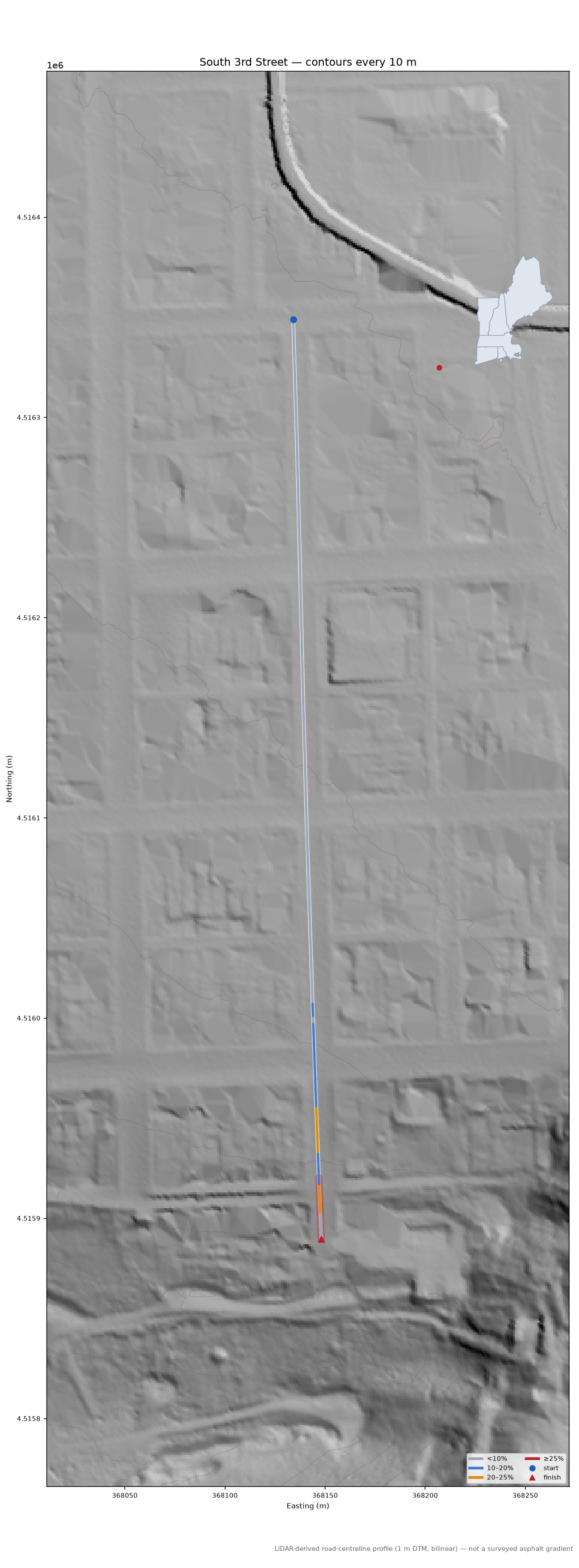 South 3rd Street LiDAR hillshade map with contours