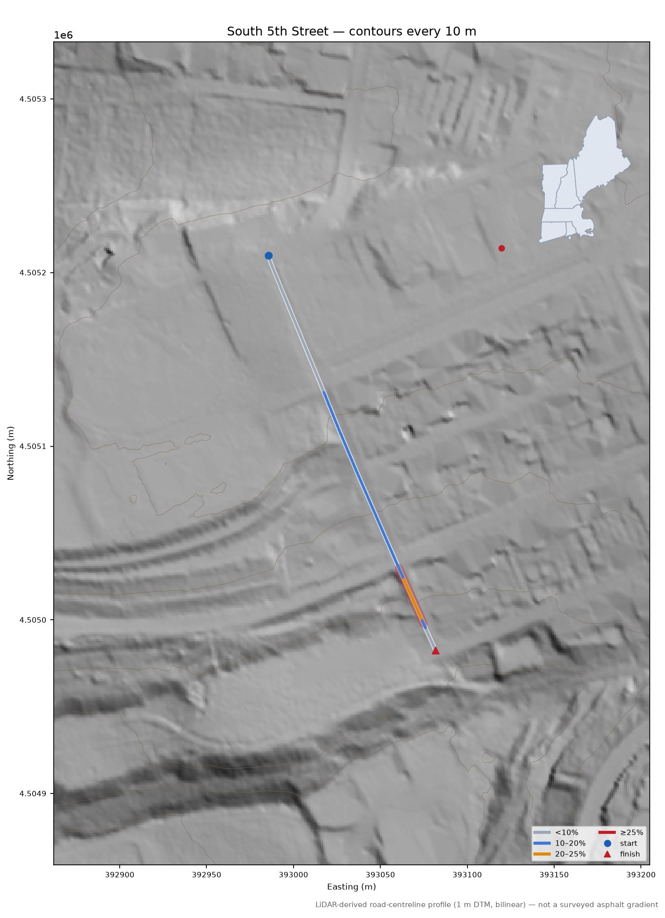 South 5th Street LiDAR hillshade map with contours