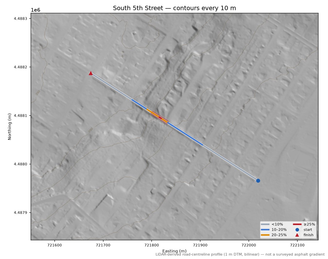 South 5th Street LiDAR hillshade map with contours