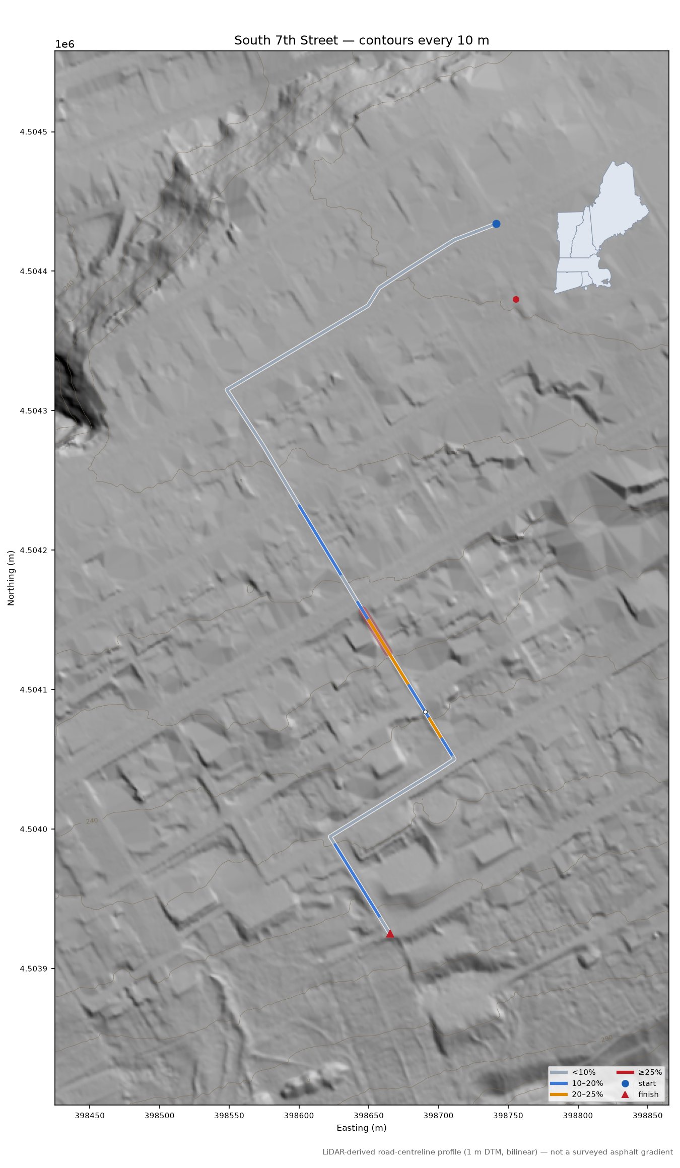 South 7th Street LiDAR hillshade map with contours