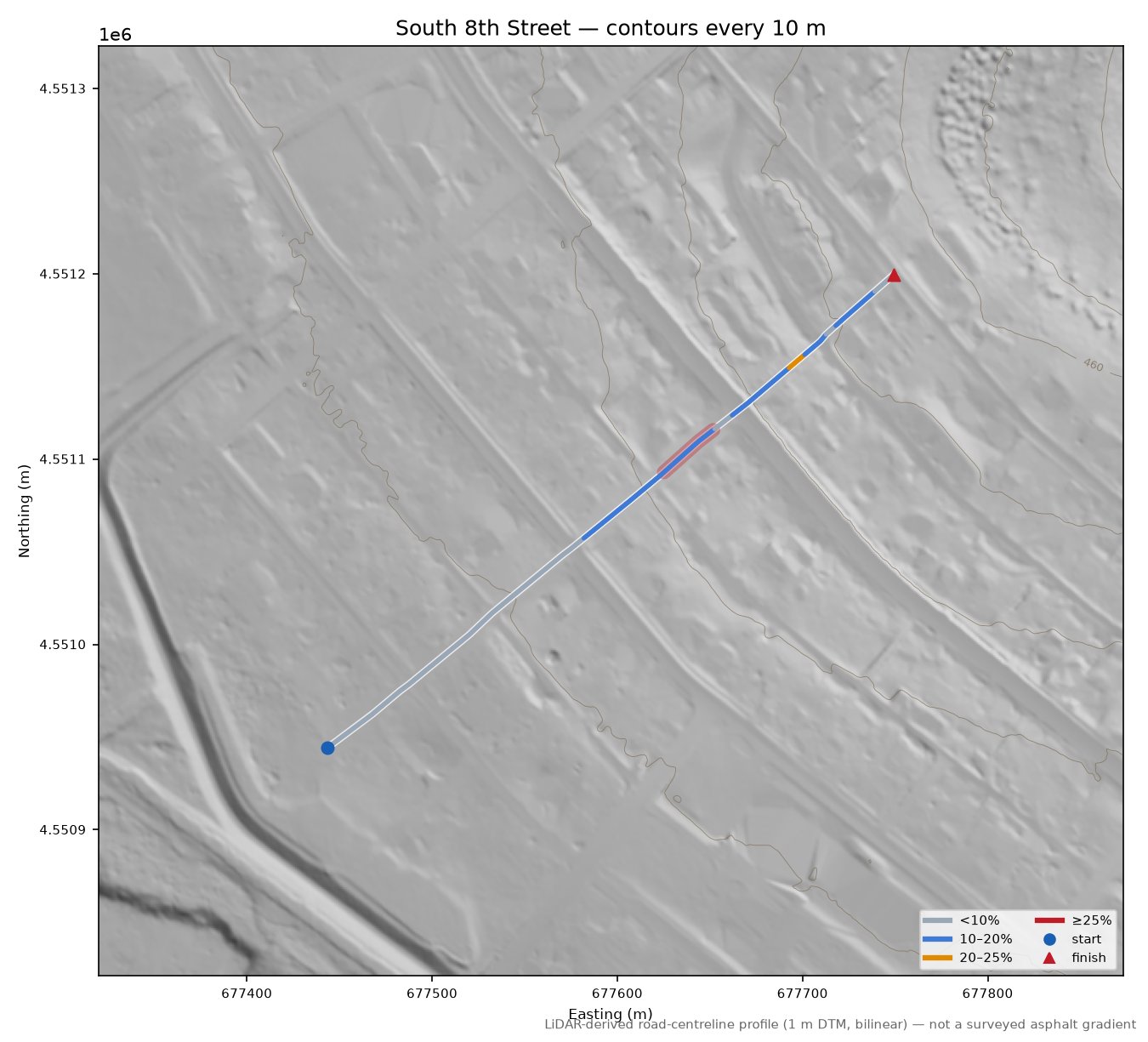 South 8th Street LiDAR hillshade map with contours