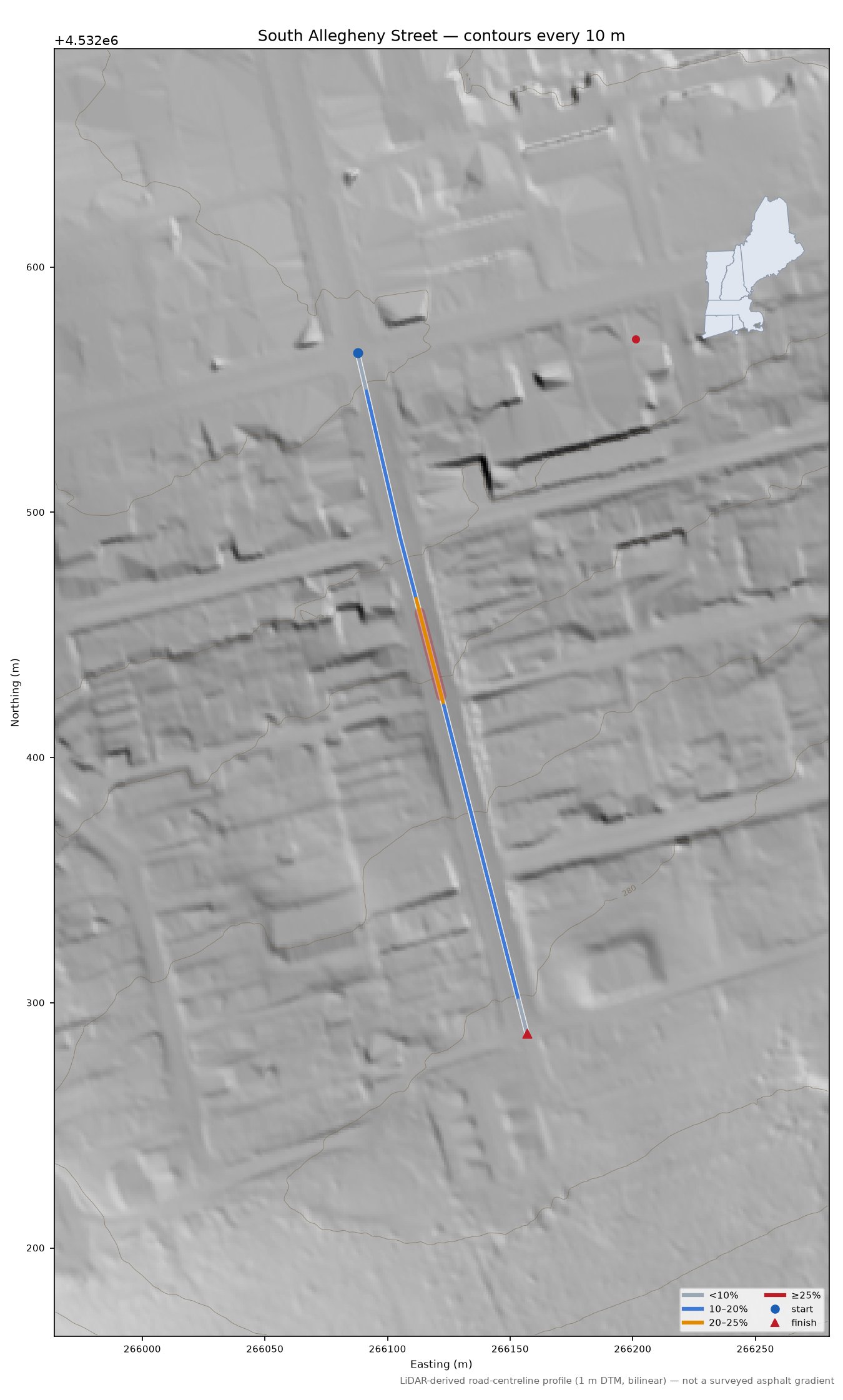 South Allegheny Street LiDAR hillshade map with contours