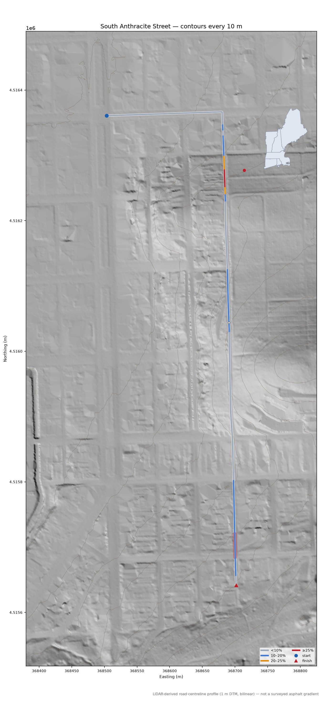 South Anthracite Street LiDAR hillshade map with contours