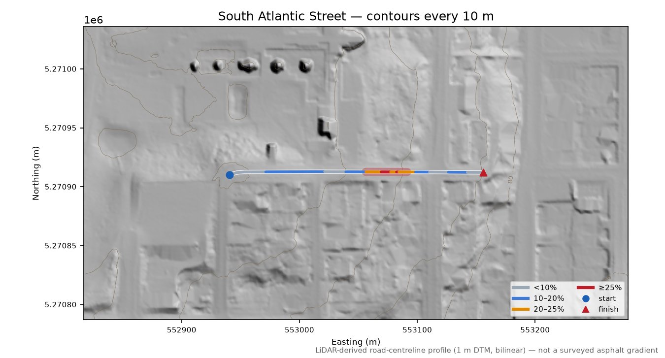 South Atlantic Street LiDAR hillshade map with contours