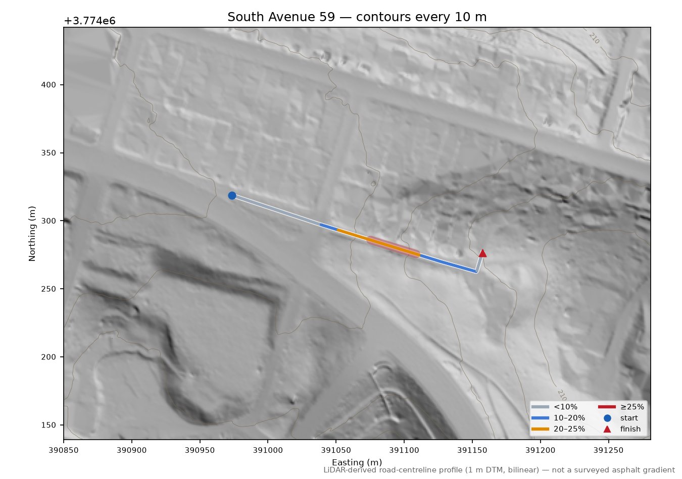 South Avenue 59 LiDAR hillshade map with contours