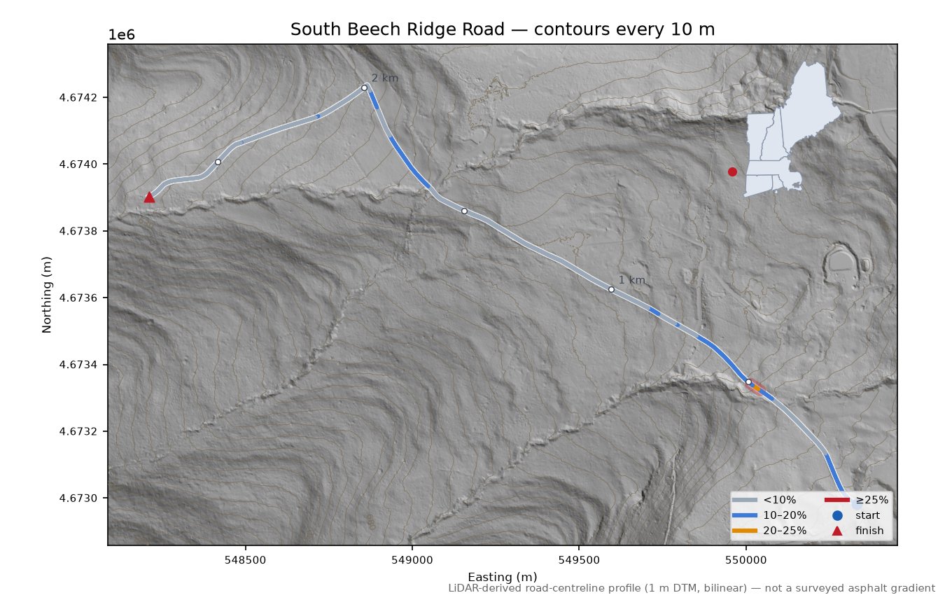 South Beech Ridge Road LiDAR hillshade map with contours