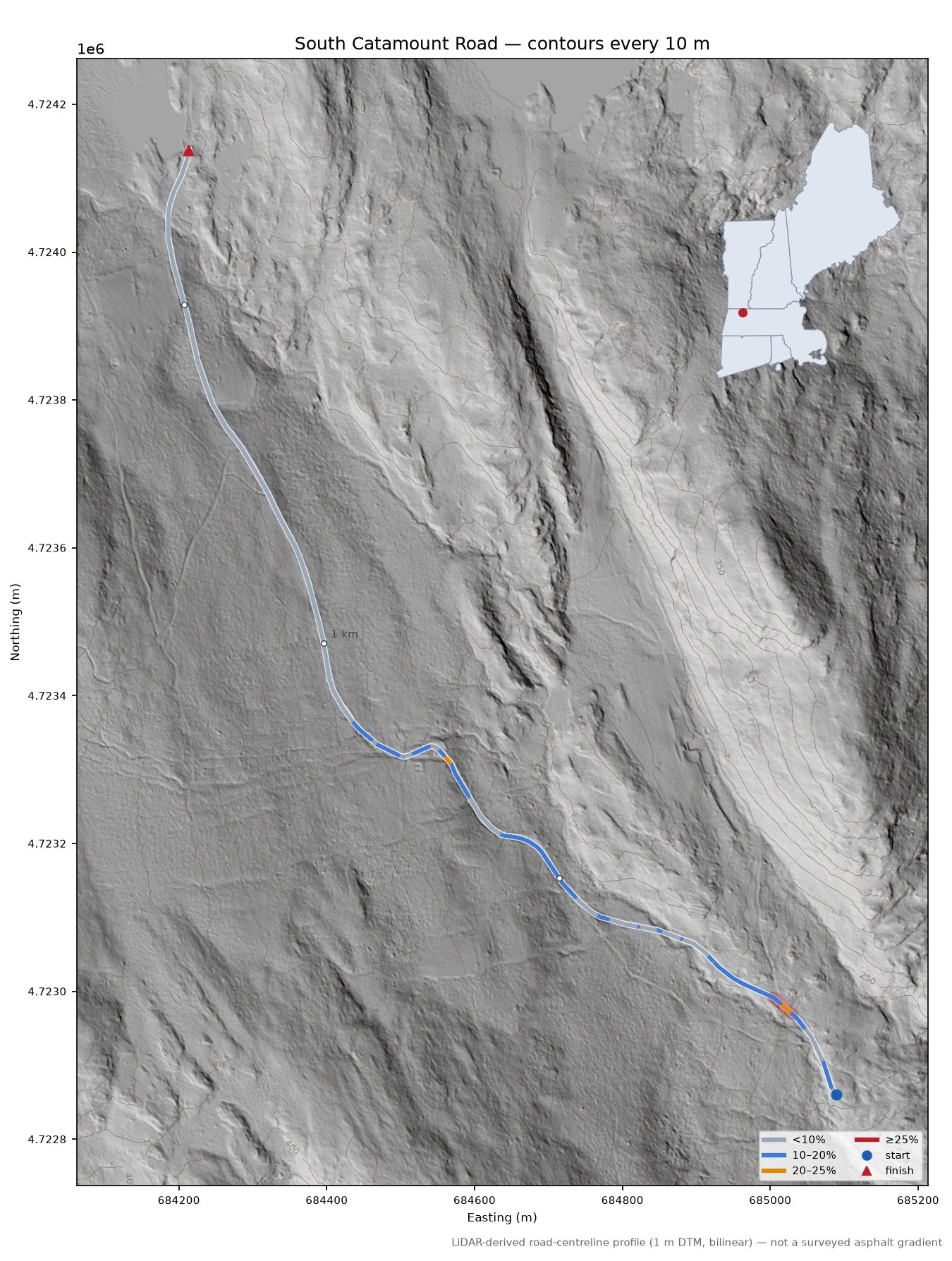 South Catamount Road LiDAR hillshade map with contours