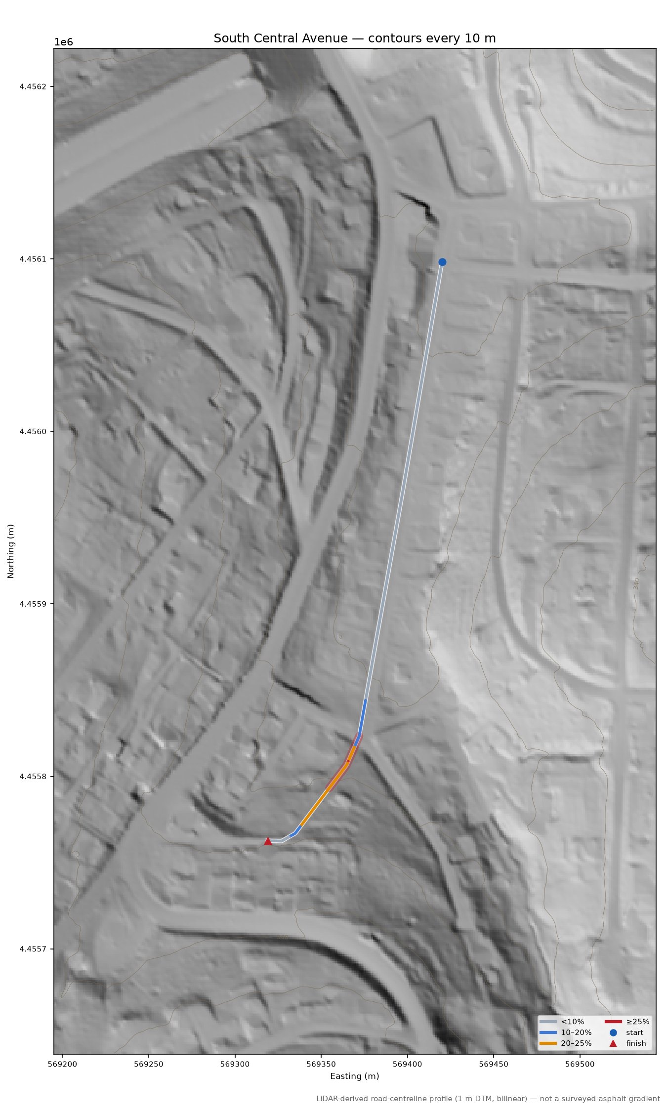 South Central Avenue LiDAR hillshade map with contours