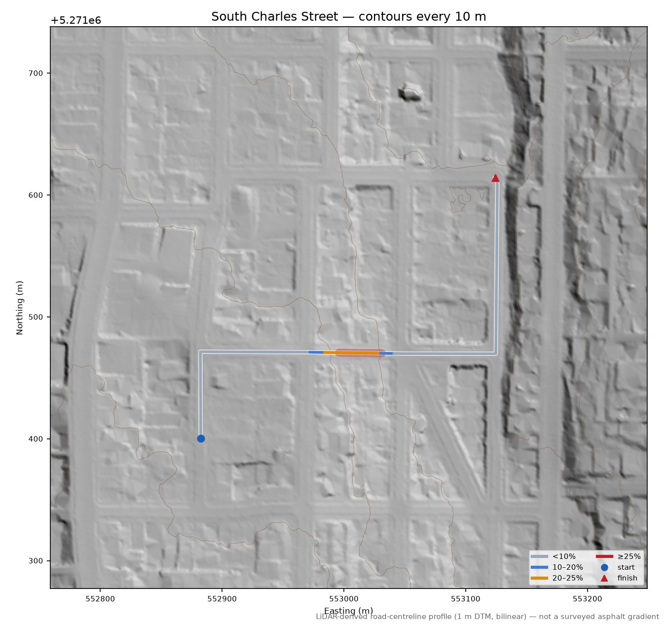 South Charles Street LiDAR hillshade map with contours