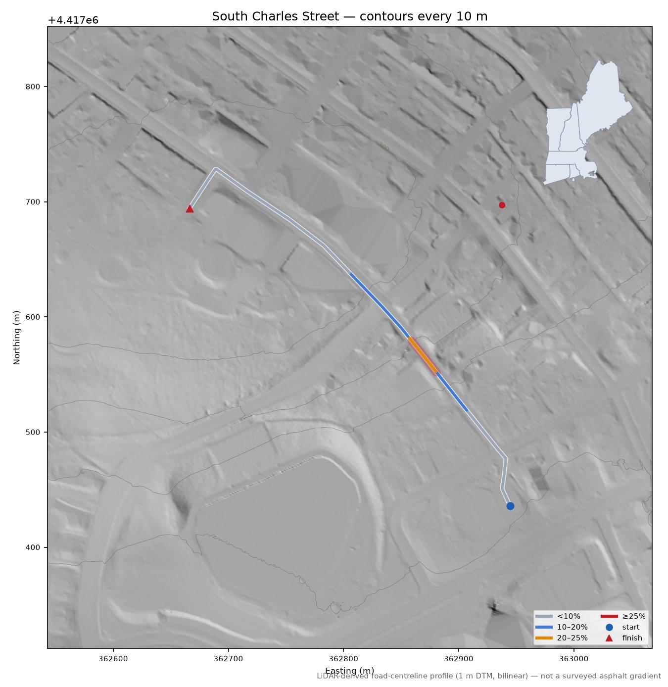 South Charles Street LiDAR hillshade map with contours