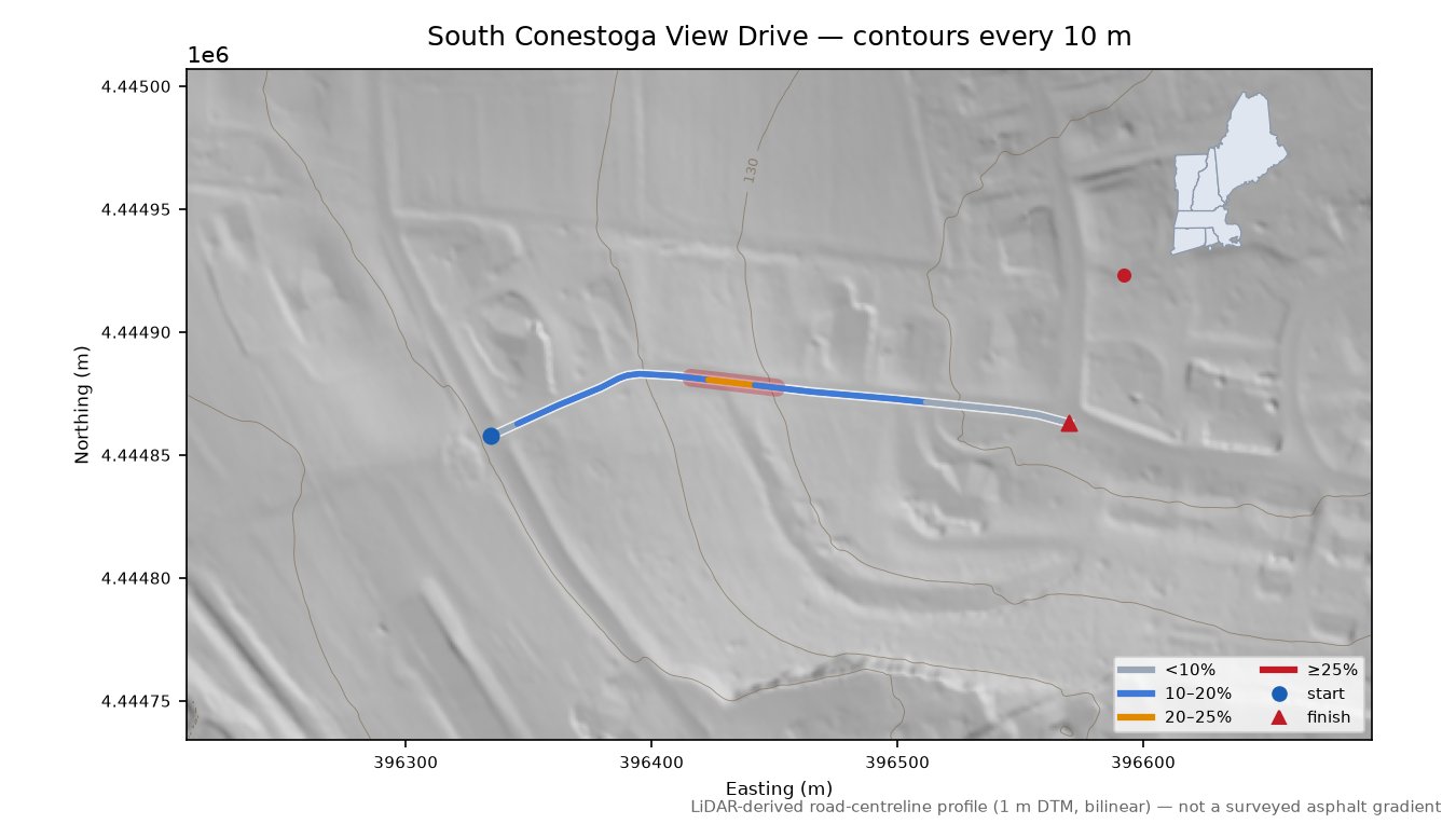 South Conestoga View Drive LiDAR hillshade map with contours