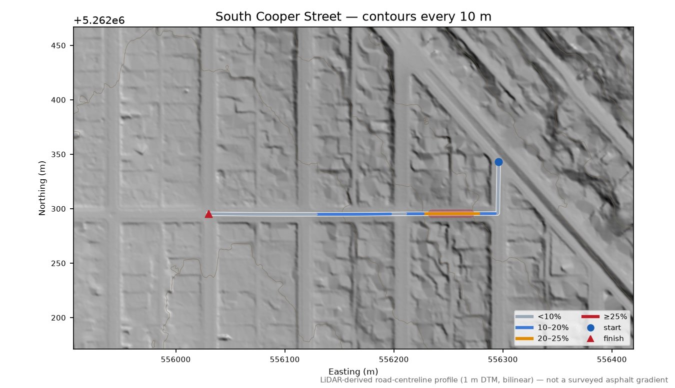 South Cooper Street LiDAR hillshade map with contours