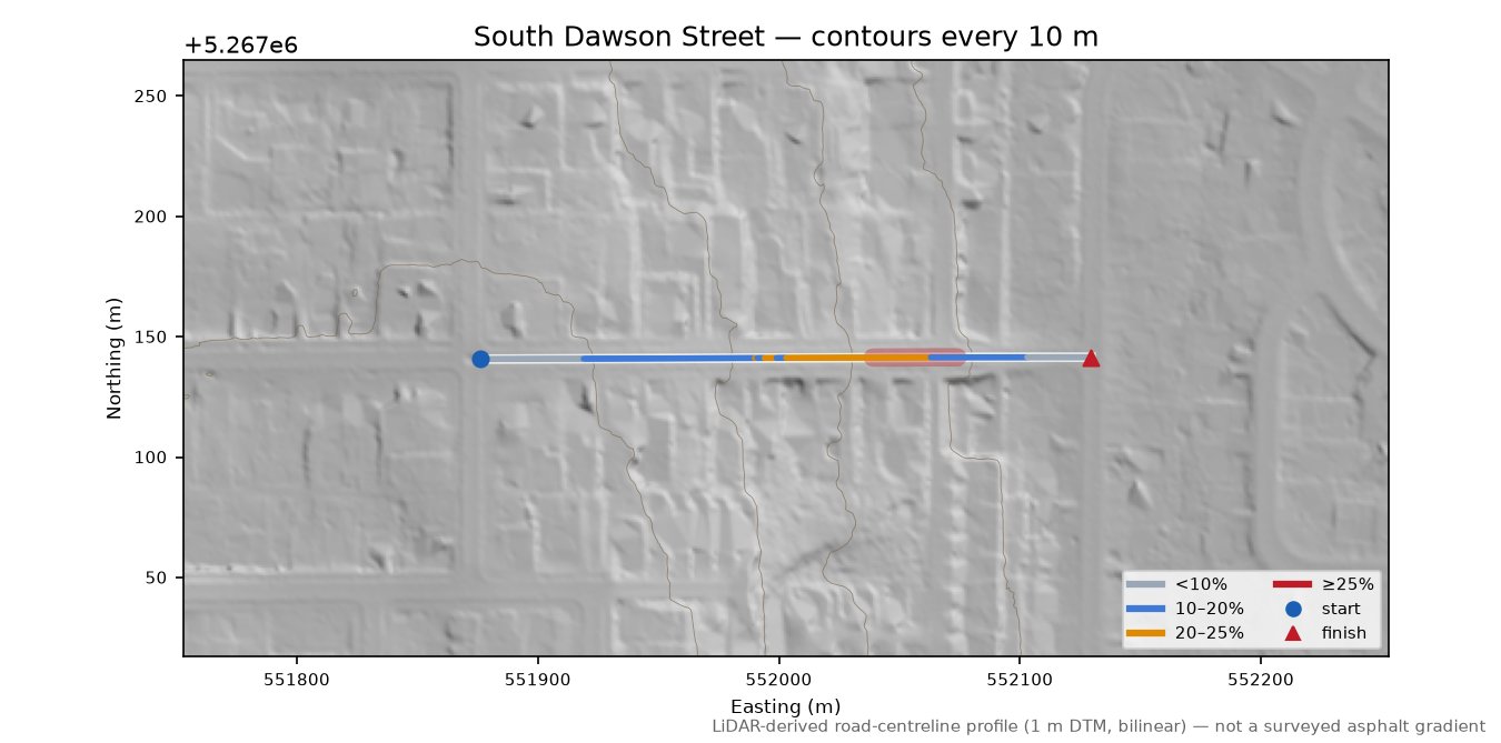 South Dawson Street LiDAR hillshade map with contours