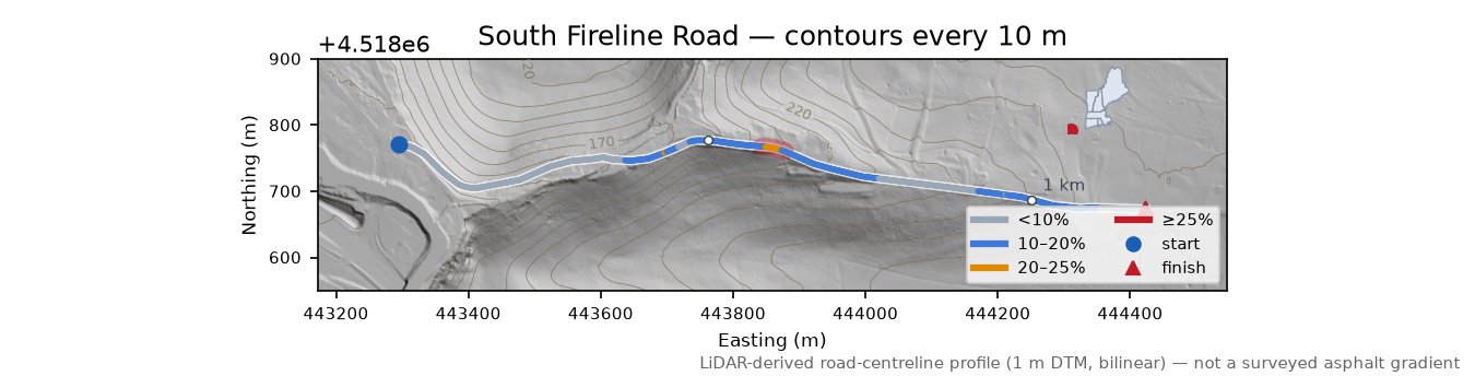 South Fireline Road LiDAR hillshade map with contours